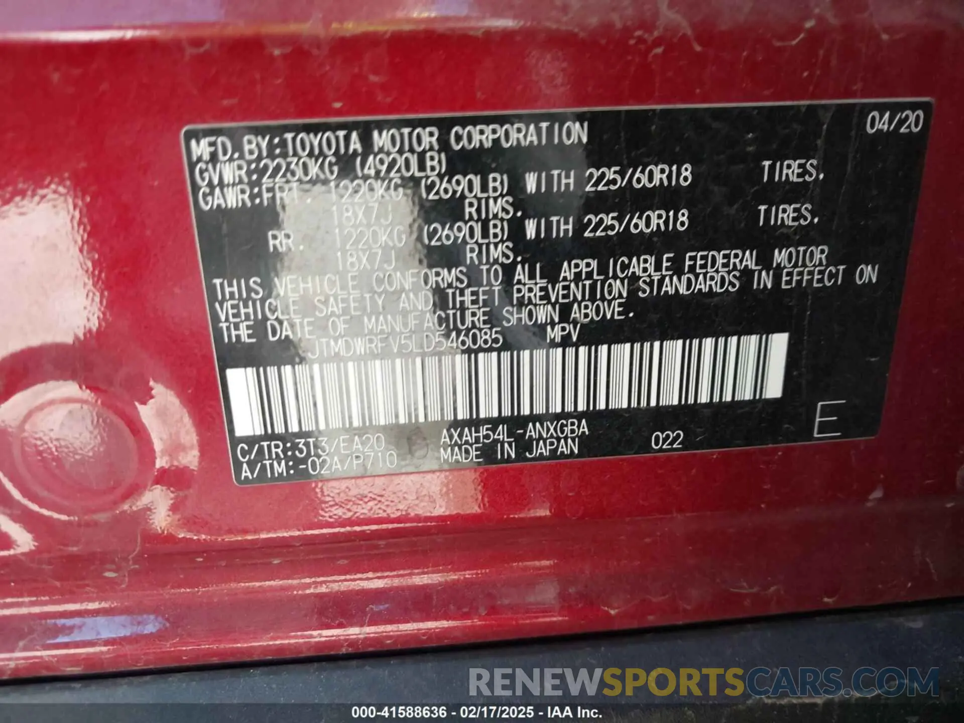 9 fotografías del automóvil dañado JTMDWRFV5LD546085 TOYOTA RAV4 HYBRID 2020
