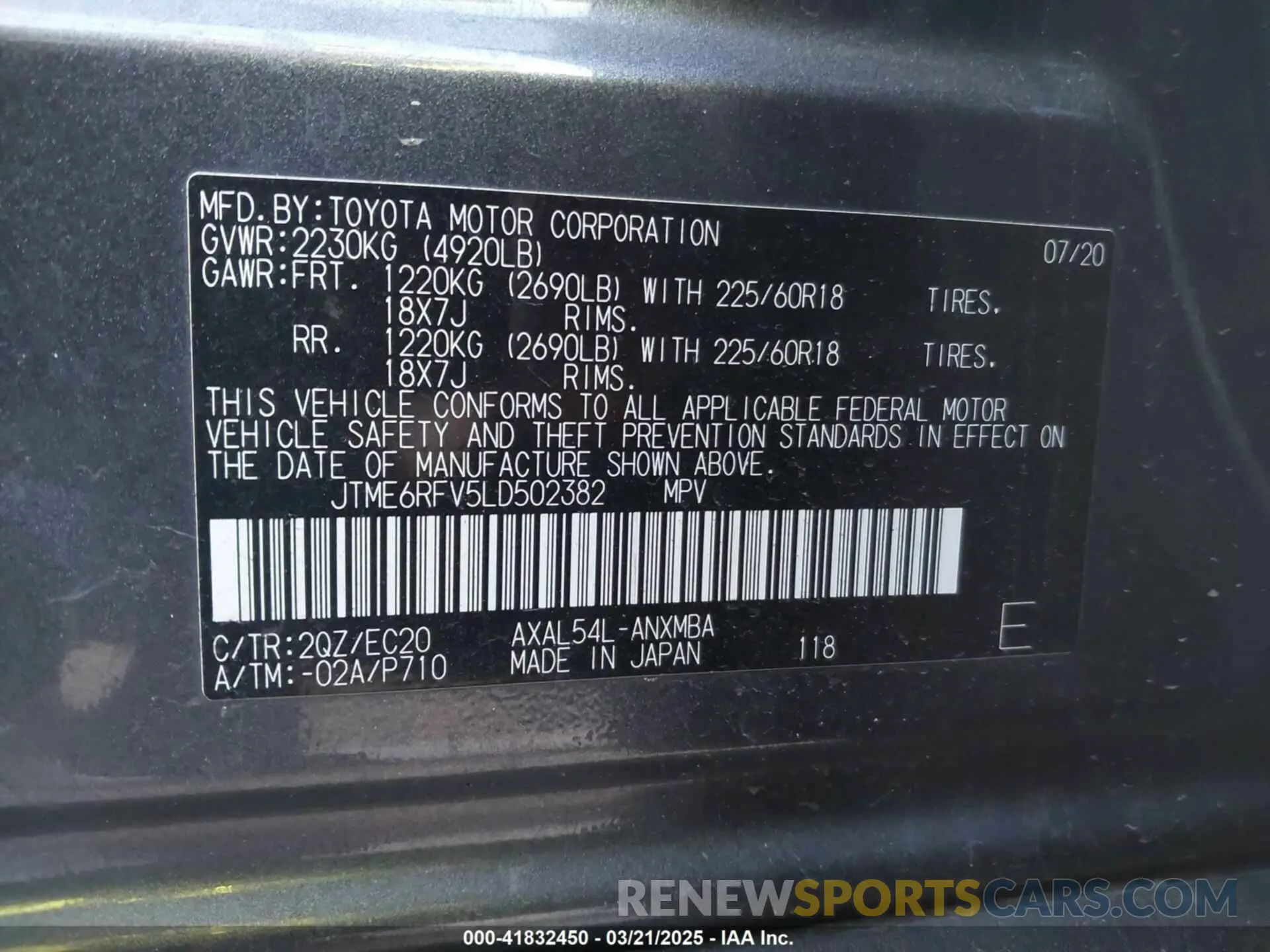 9 fotografías del automóvil dañado JTME6RFV5LD502382 TOYOTA RAV4 HYBRID 2020