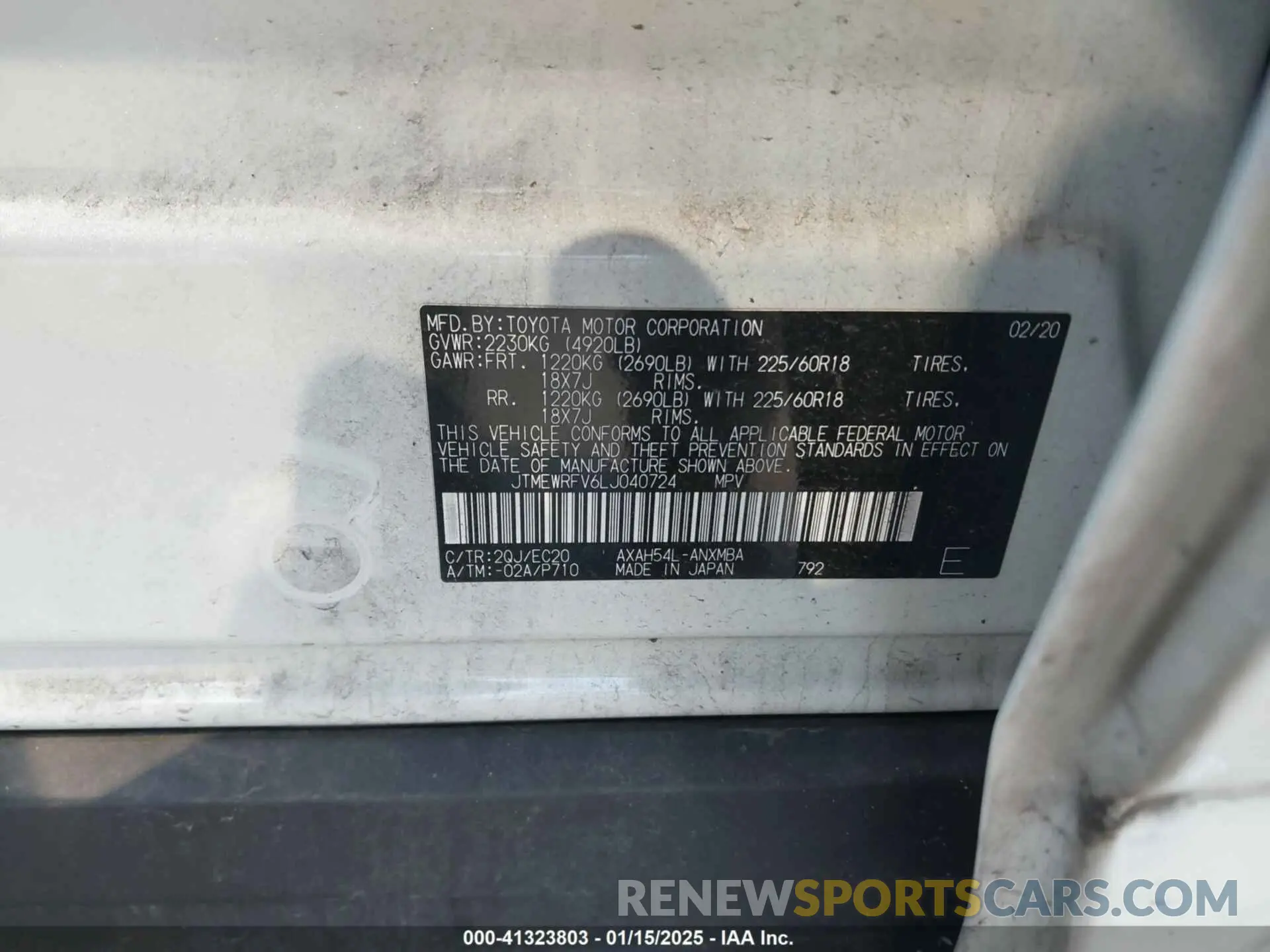 9 fotografías del automóvil dañado JTMEWRFV6LJ040724 TOYOTA RAV4 HYBRID 2020