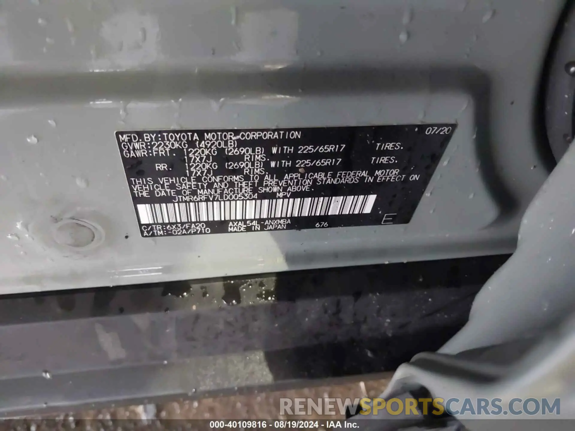 9 fotografías del automóvil dañado JTMR6RFV7LD005304 TOYOTA RAV4 HYBRID 2020