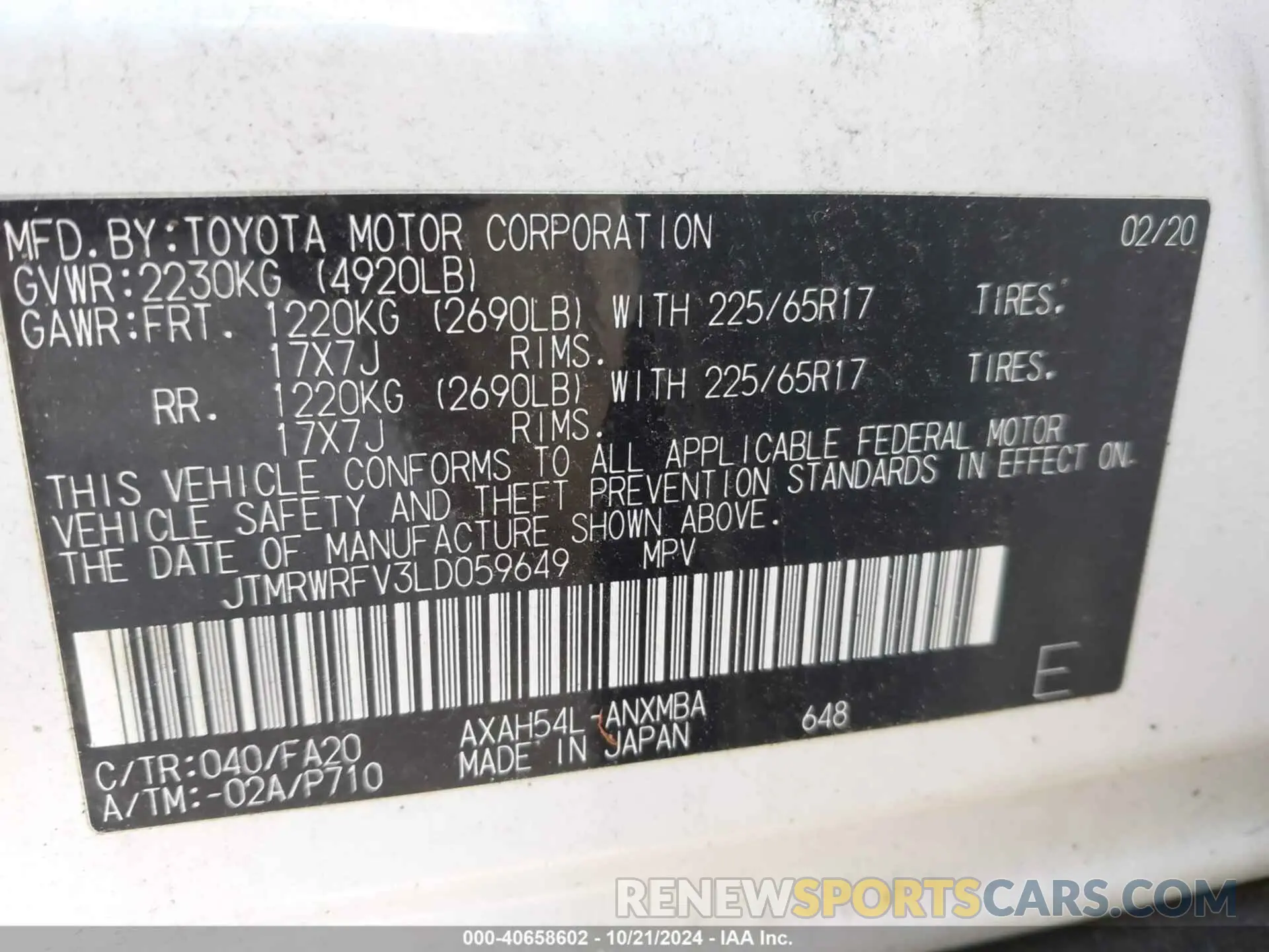 9 fotografías del automóvil dañado JTMRWRFV3LD059649 TOYOTA RAV4 HYBRID 2020