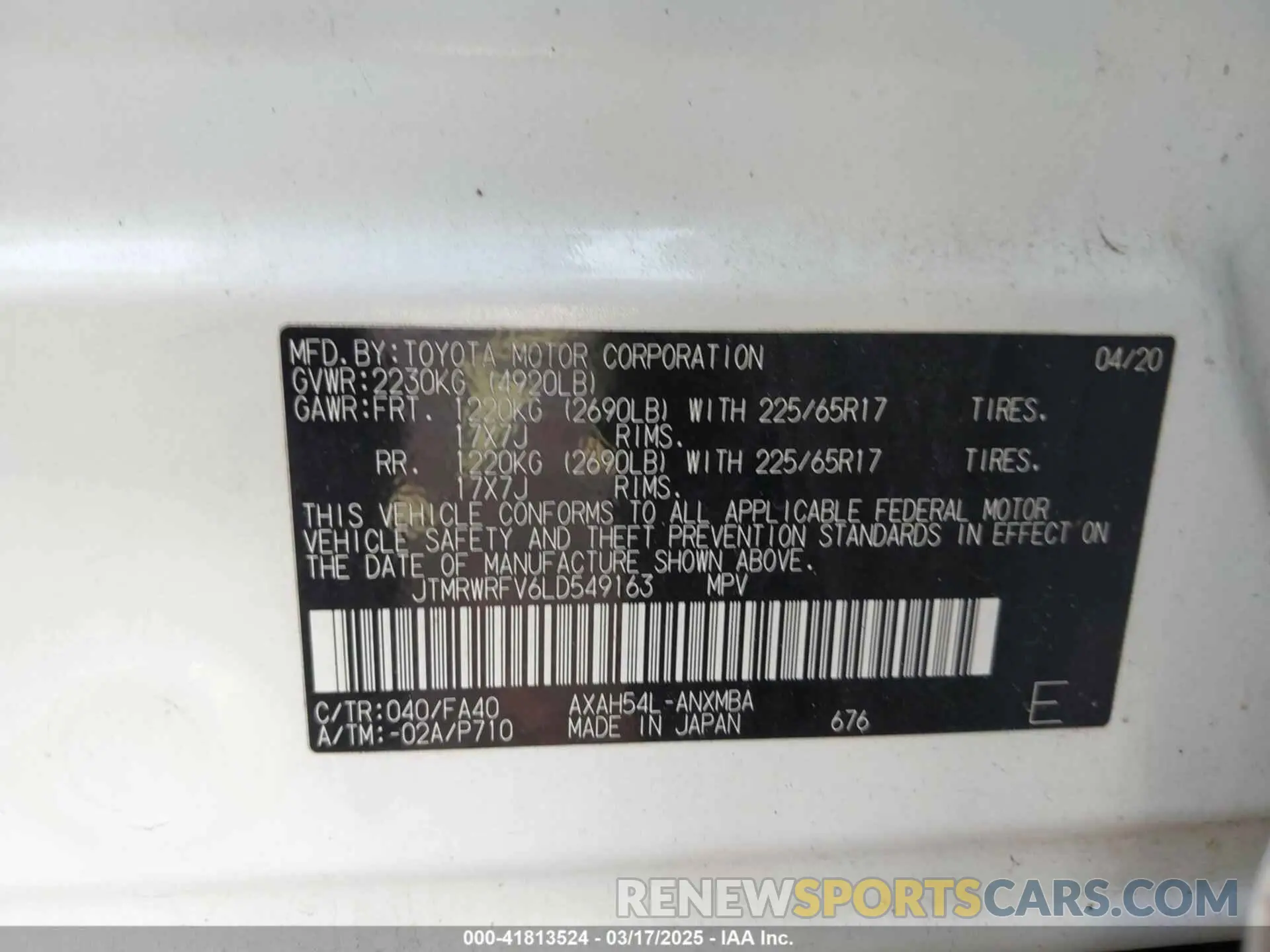 9 fotografías del automóvil dañado JTMRWRFV6LD549163 TOYOTA RAV4 HYBRID 2020