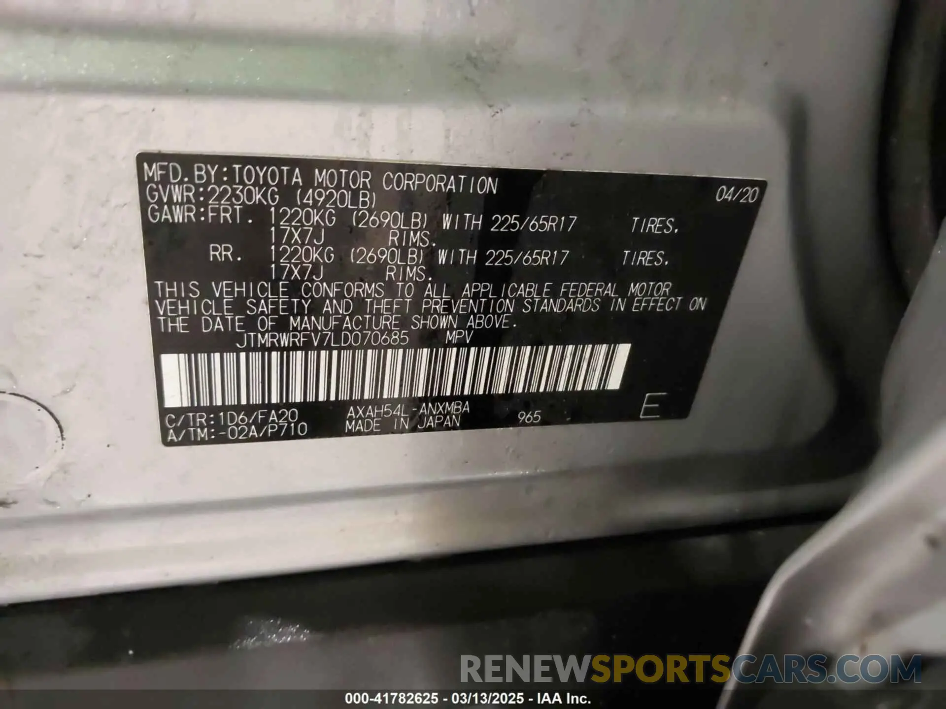 9 fotografías del automóvil dañado JTMRWRFV7LD070685 TOYOTA RAV4 HYBRID 2020