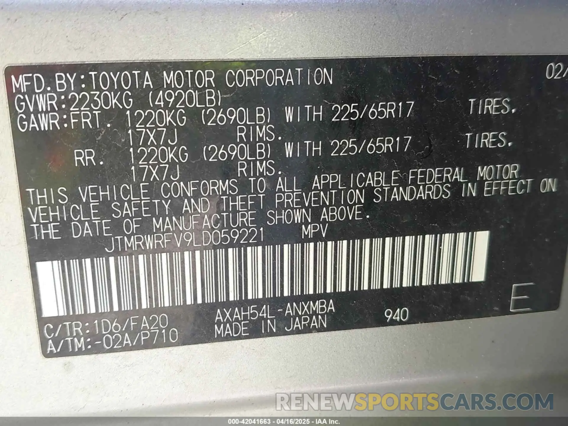 9 fotografías del automóvil dañado JTMRWRFV9LD059221 TOYOTA RAV4 HYBRID 2020