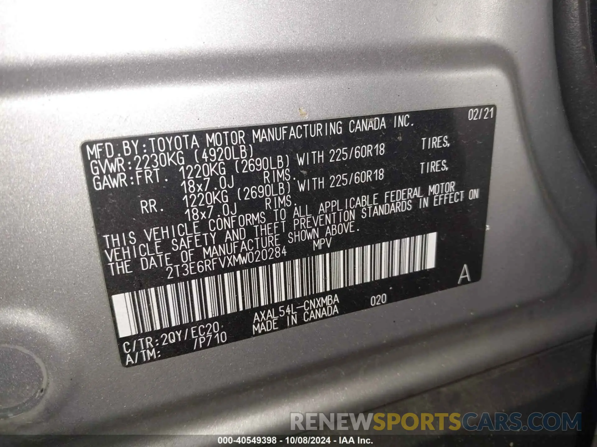 9 fotografías del automóvil dañado 2T3E6RFVXMW020284 TOYOTA RAV4 HYBRID 2021