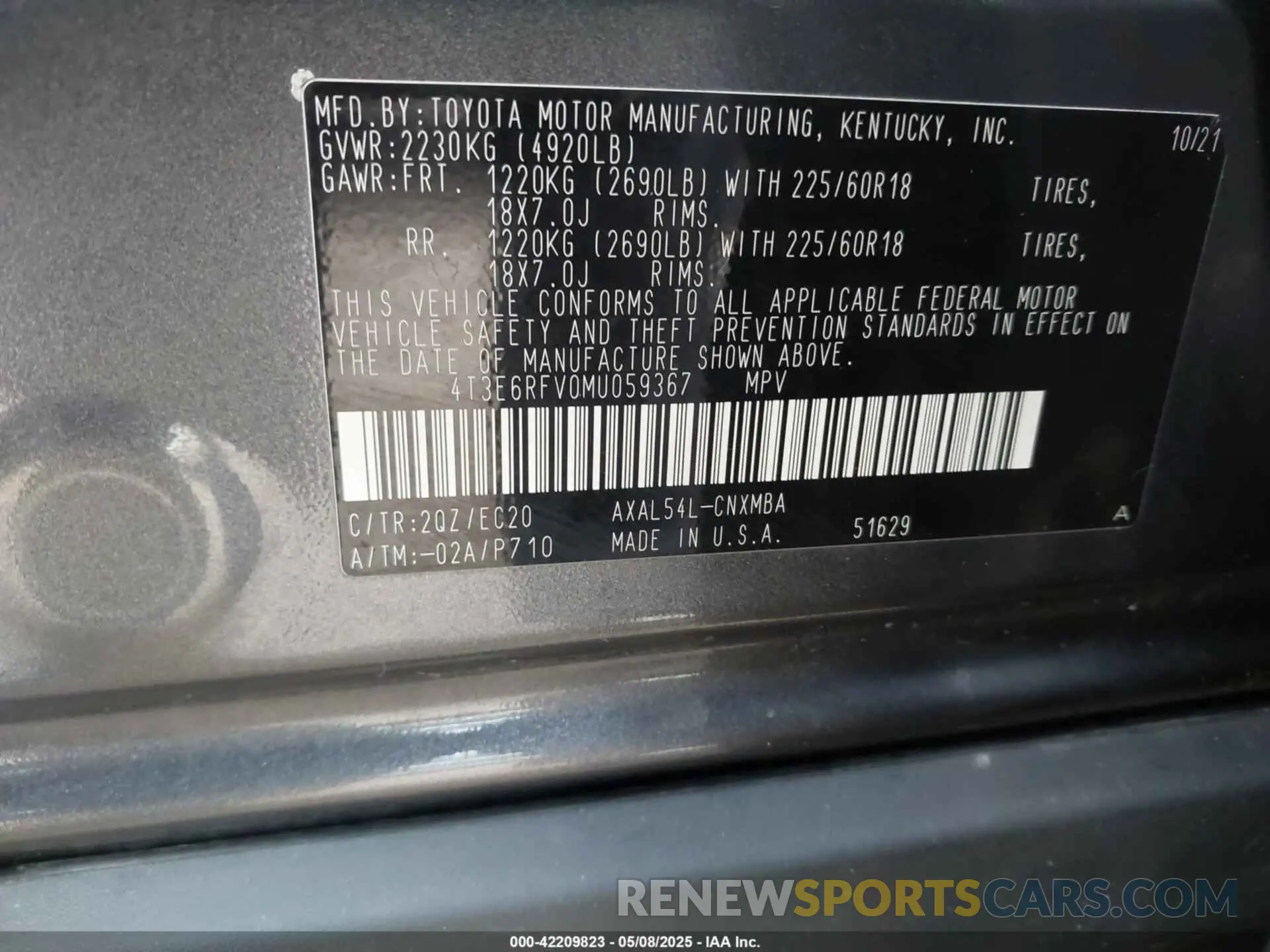 9 fotografías del automóvil dañado 4T3E6RFV0MU059367 TOYOTA RAV4 HYBRID 2021