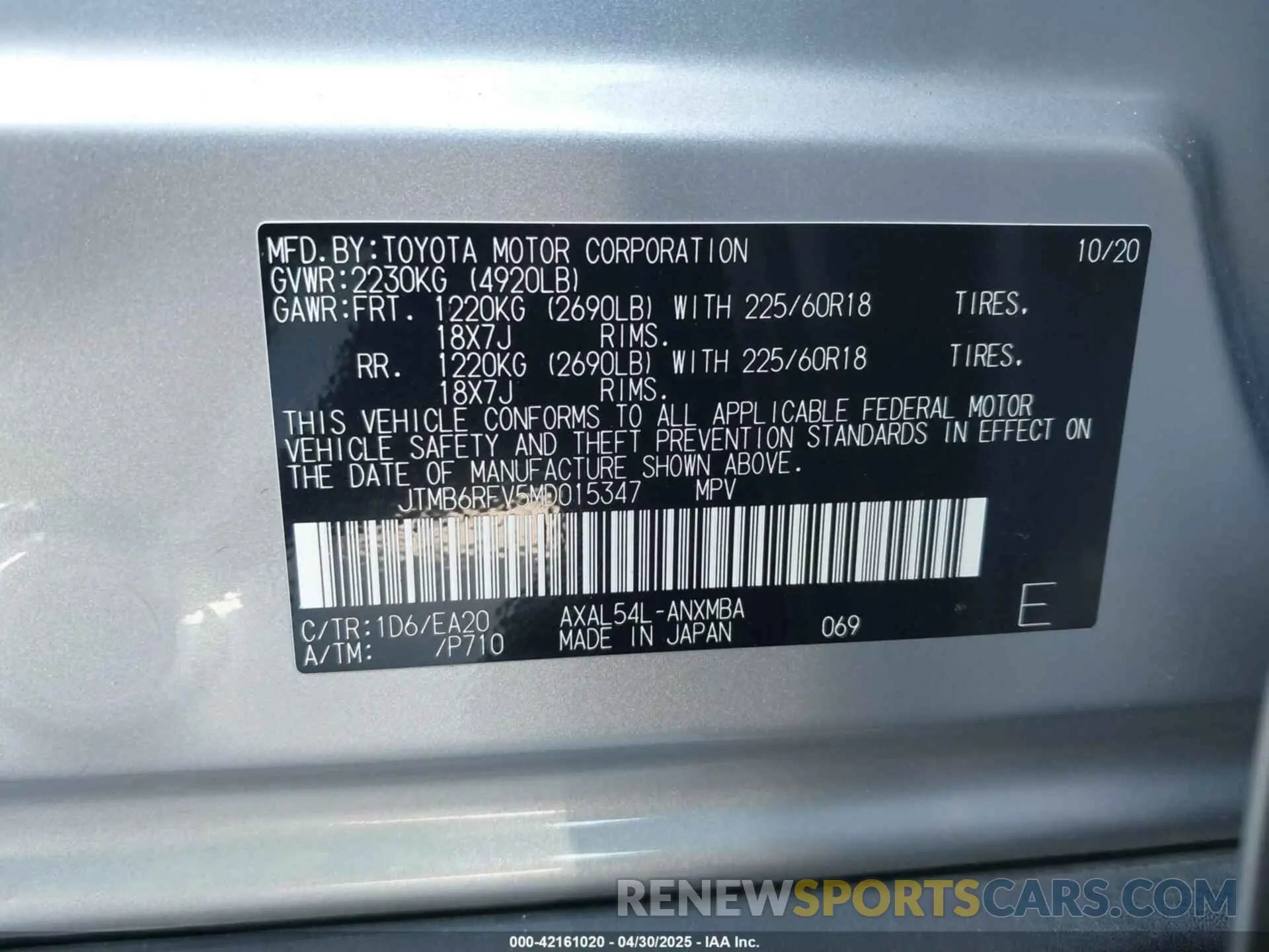 9 fotografías del automóvil dañado JTMB6RFV5MD015347 TOYOTA RAV4 HYBRID 2021