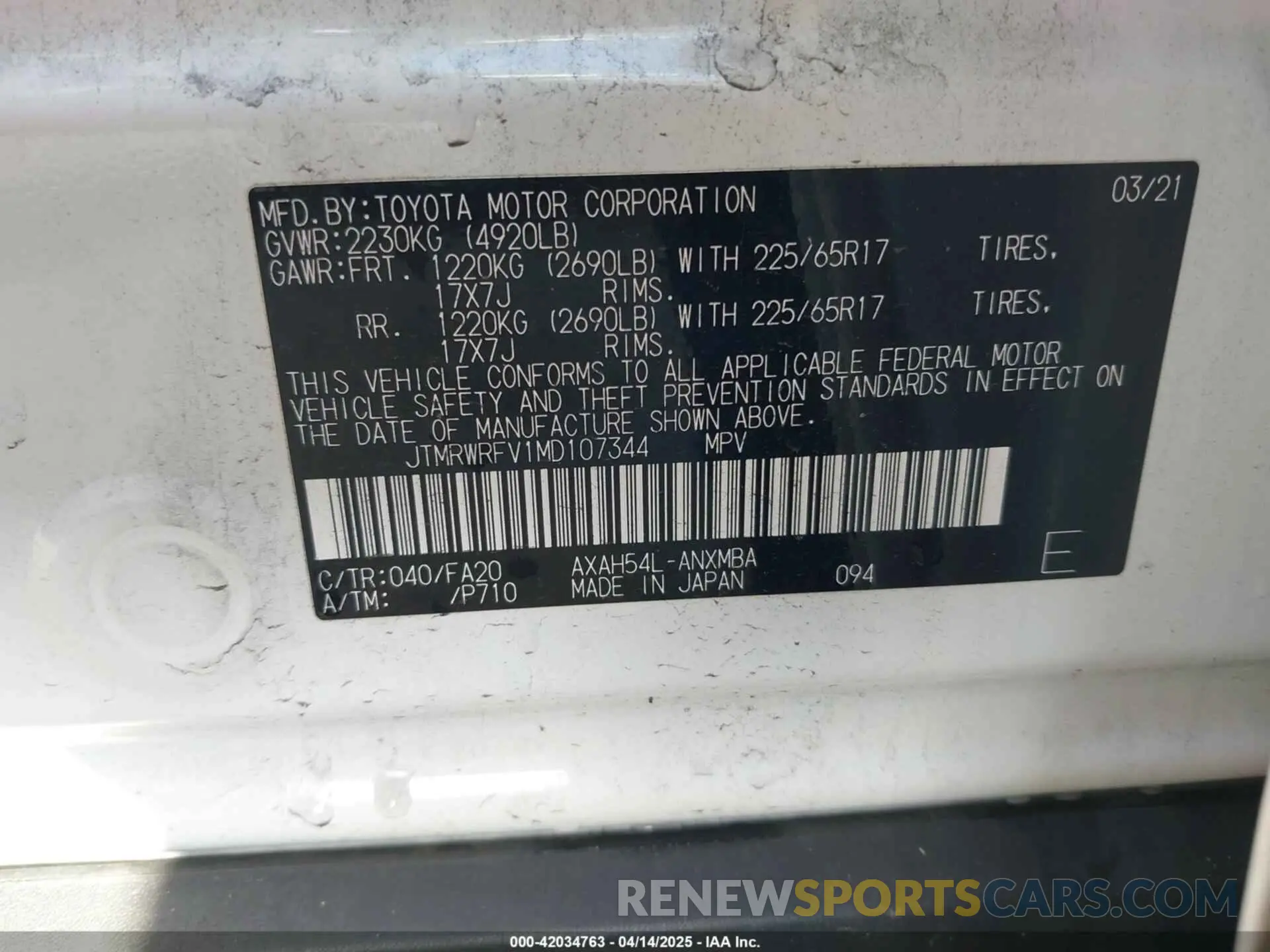 9 fotografías del automóvil dañado JTMRWRFV1MD107344 TOYOTA RAV4 HYBRID 2021