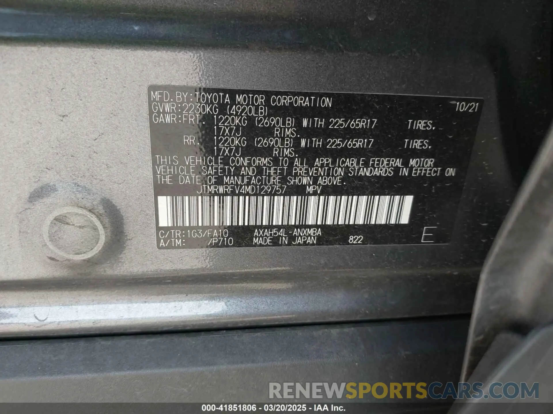 9 fotografías del automóvil dañado JTMRWRFV4MD129757 TOYOTA RAV4 HYBRID 2021