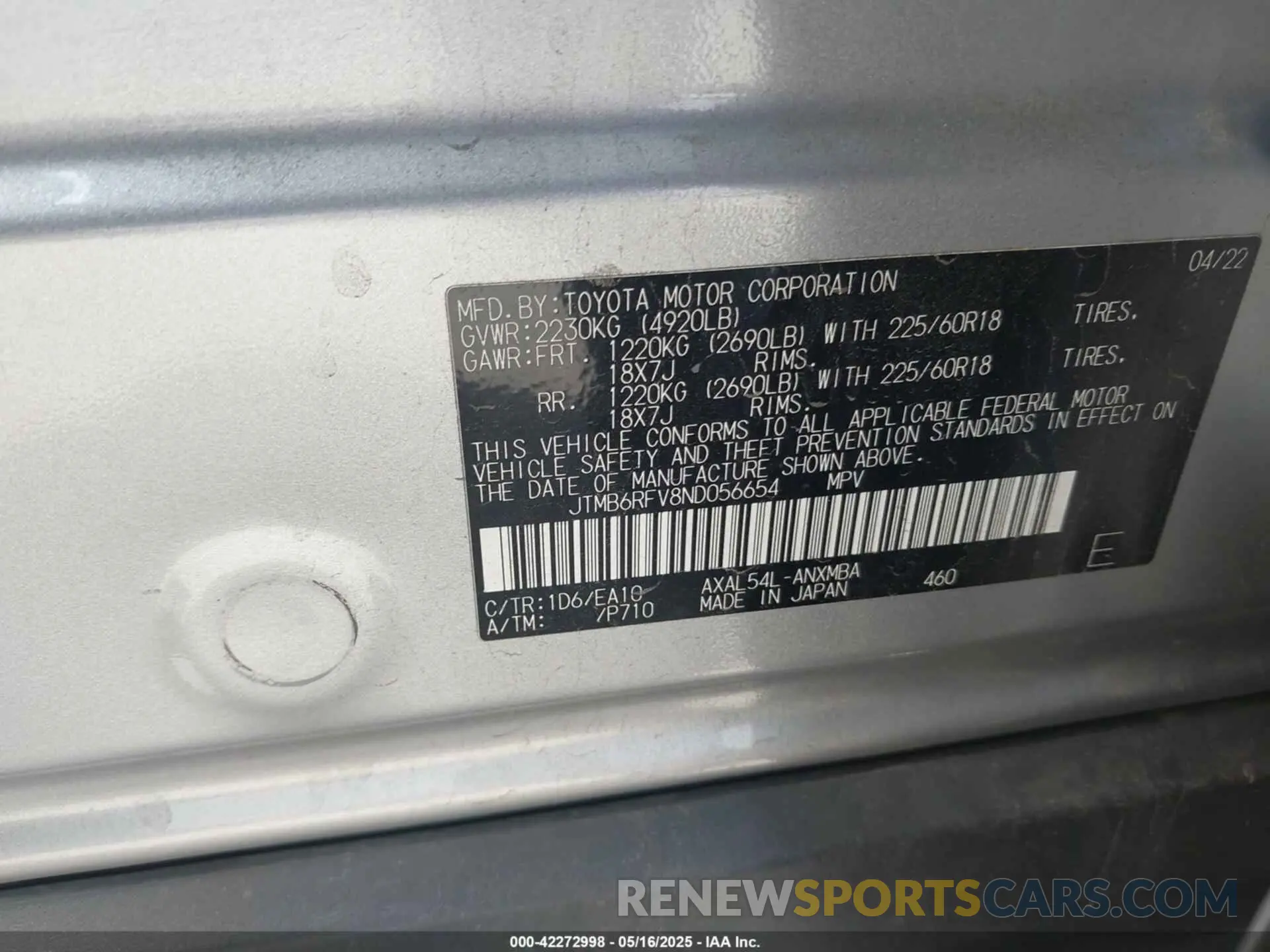 9 fotografías del automóvil dañado JTMB6RFV8ND056654 TOYOTA RAV4 HYBRID 2022