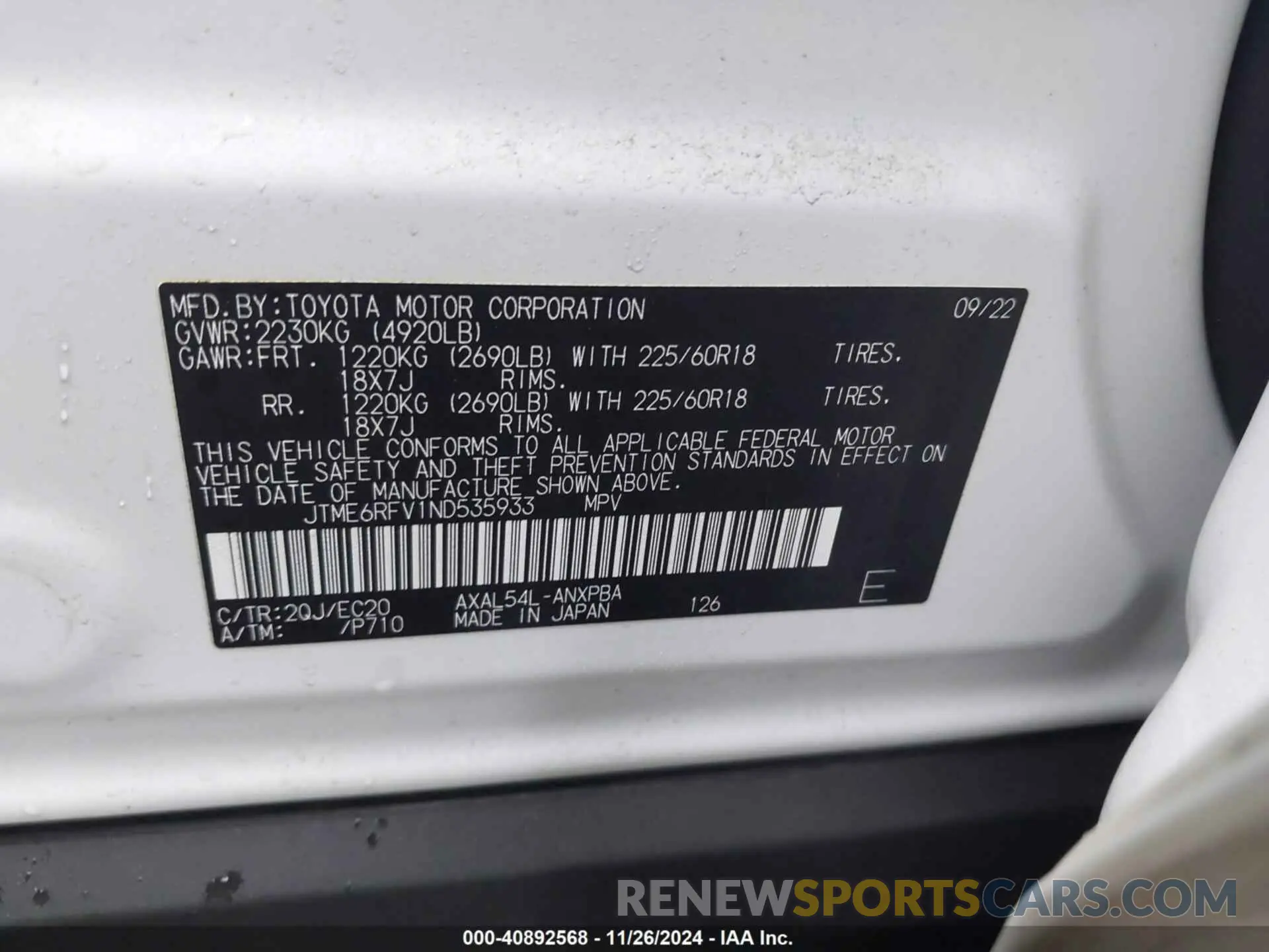 9 fotografías del automóvil dañado JTME6RFV1ND535933 TOYOTA RAV4 HYBRID 2022