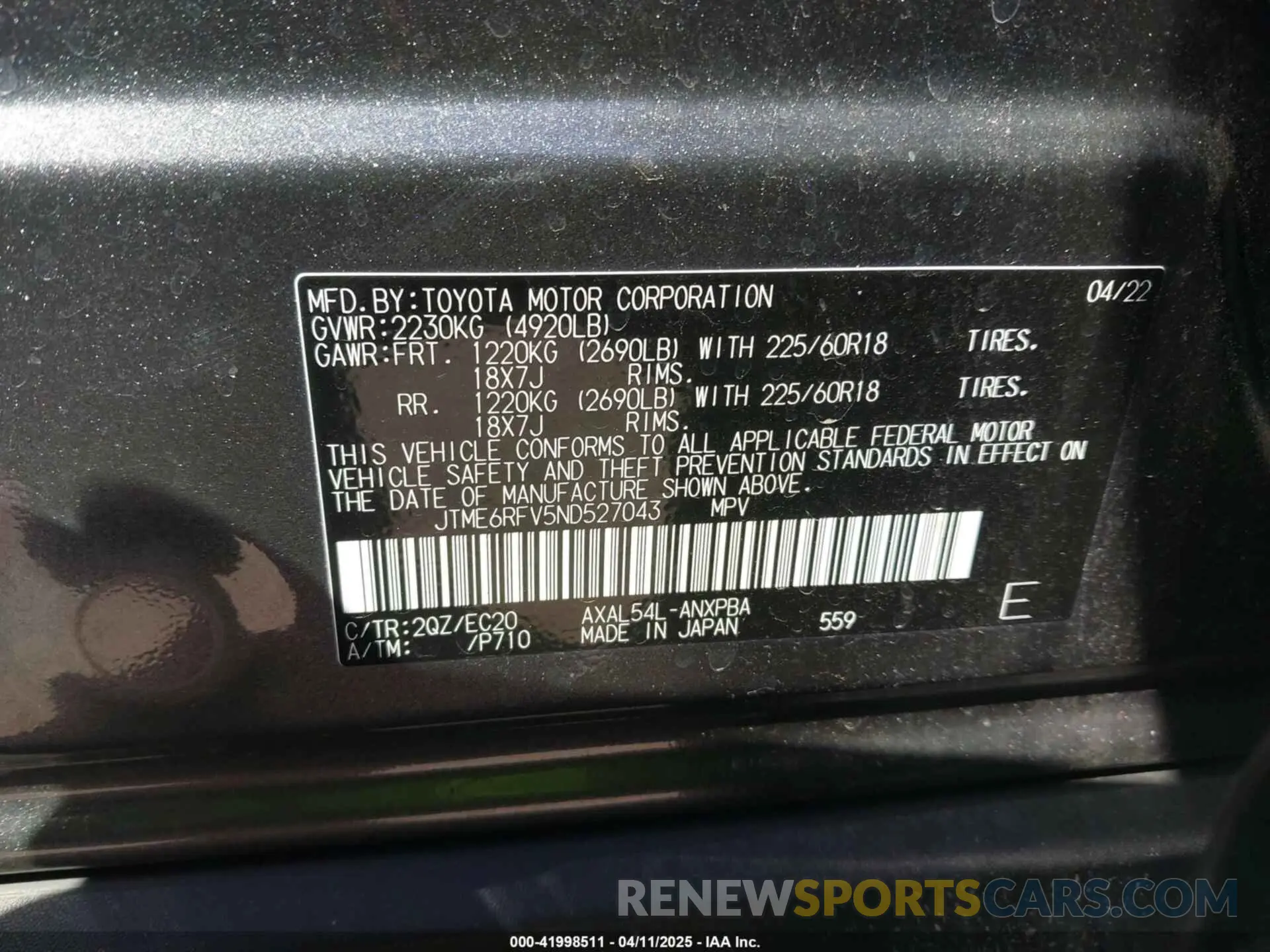 9 fotografías del automóvil dañado JTME6RFV5ND527043 TOYOTA RAV4 HYBRID 2022