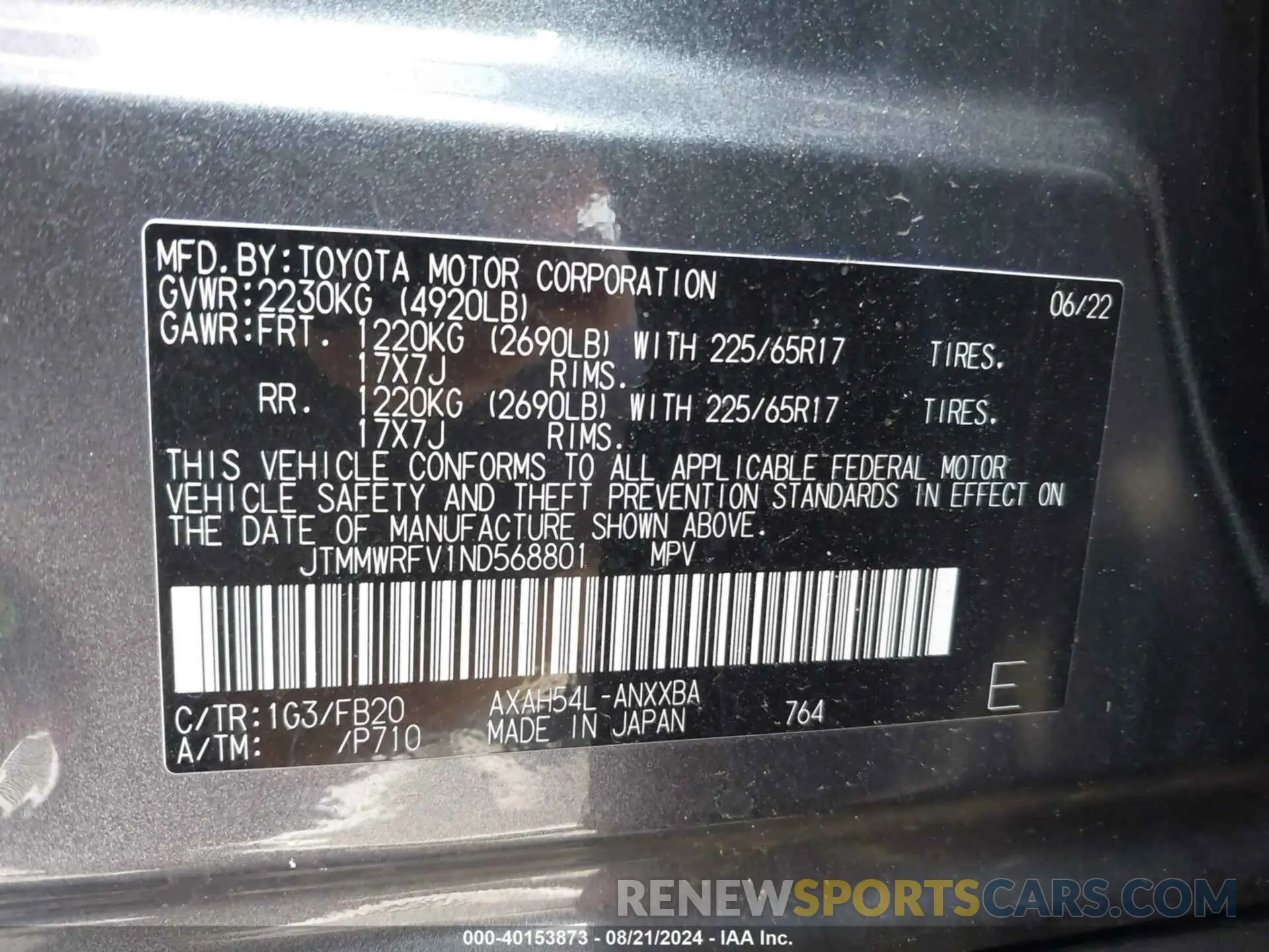 9 fotografías del automóvil dañado JTMMWRFV1ND568801 TOYOTA RAV4 HYBRID 2022