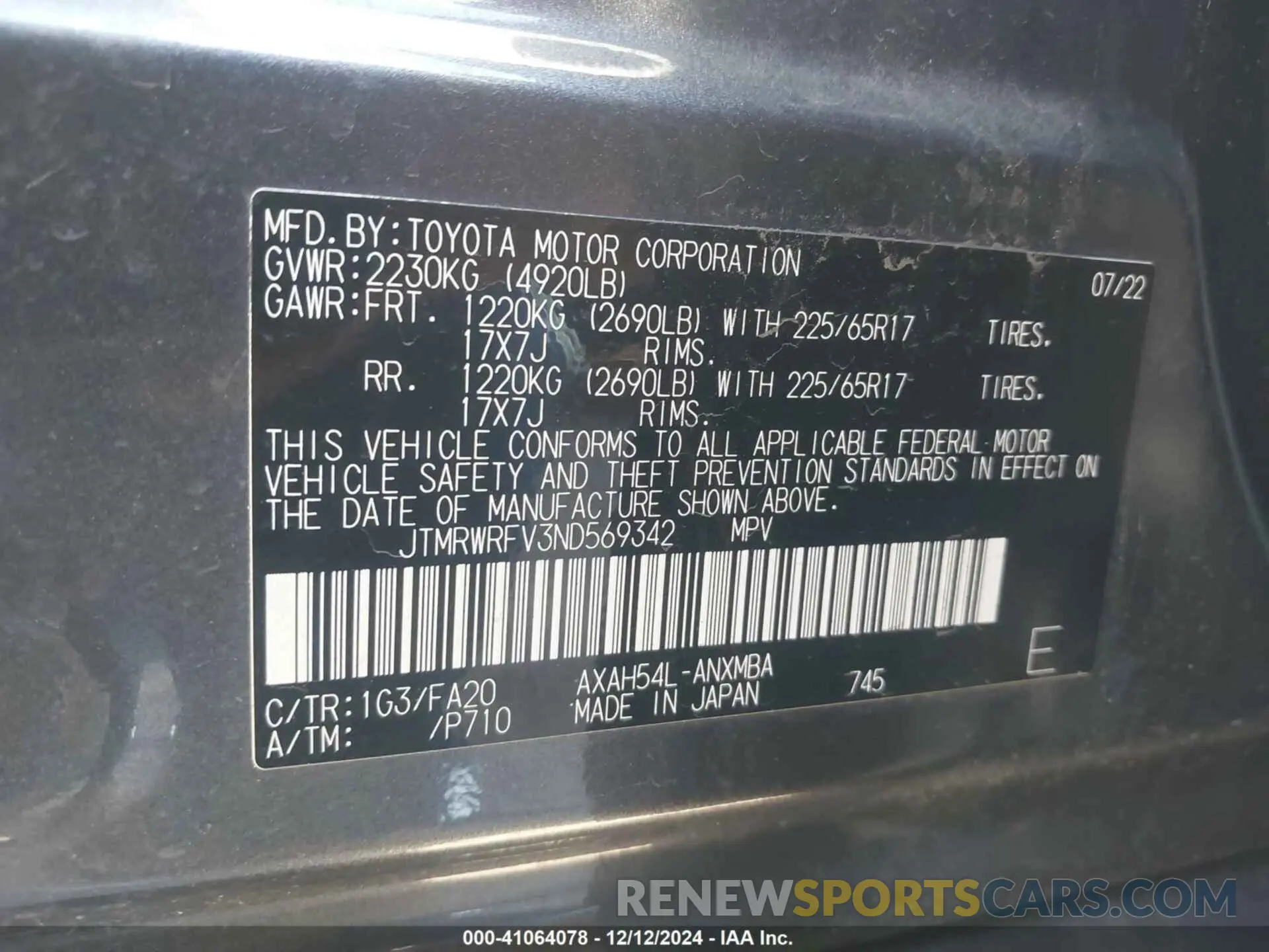 9 fotografías del automóvil dañado JTMRWRFV3ND569342 TOYOTA RAV4 HYBRID 2022