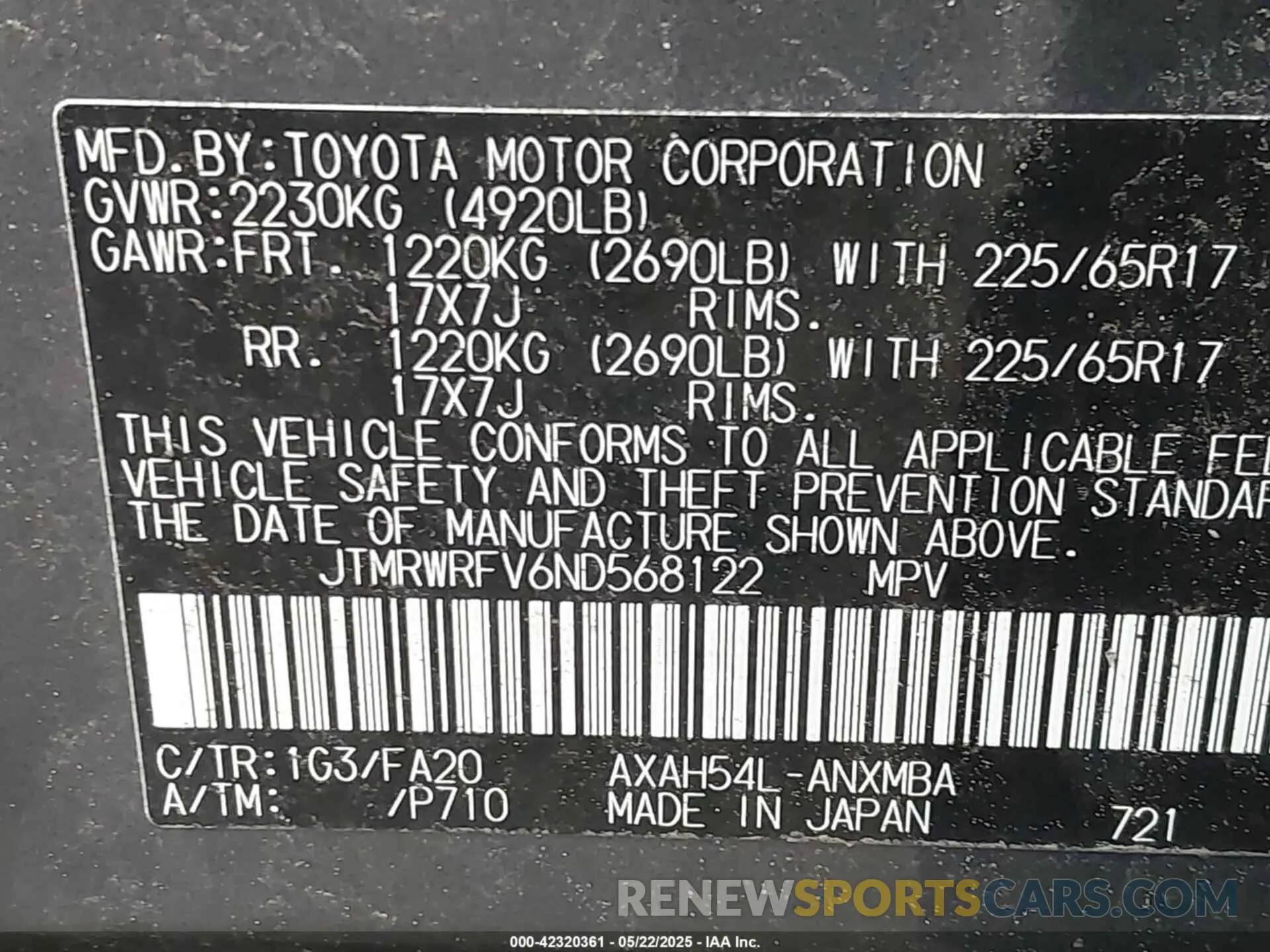 9 fotografías del automóvil dañado JTMRWRFV6ND568122 TOYOTA RAV4 HYBRID 2022