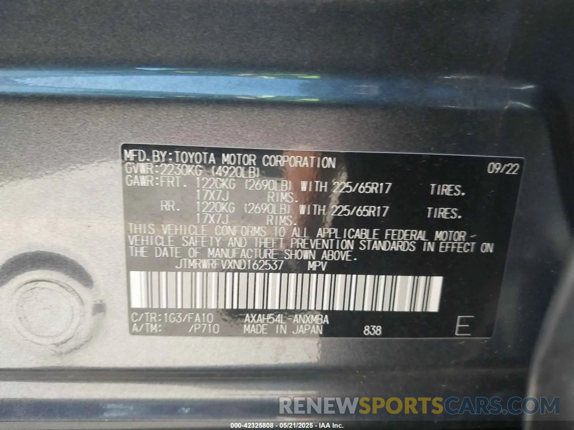 9 fotografías del automóvil dañado JTMRWRFVXND162537 TOYOTA RAV4 HYBRID 2022