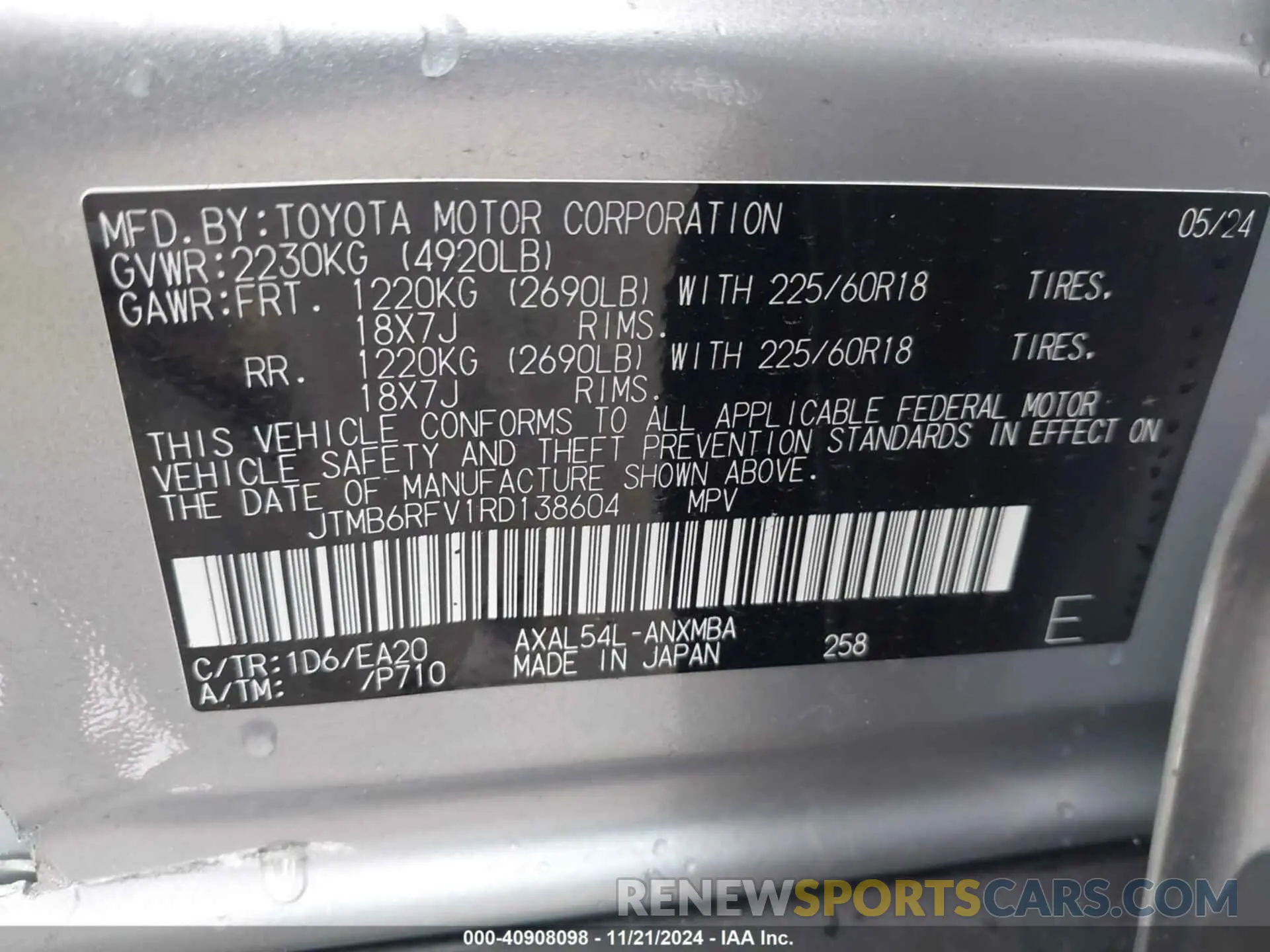 9 fotografías del automóvil dañado JTMB6RFV1RD138604 TOYOTA RAV4 HYBRID 2024