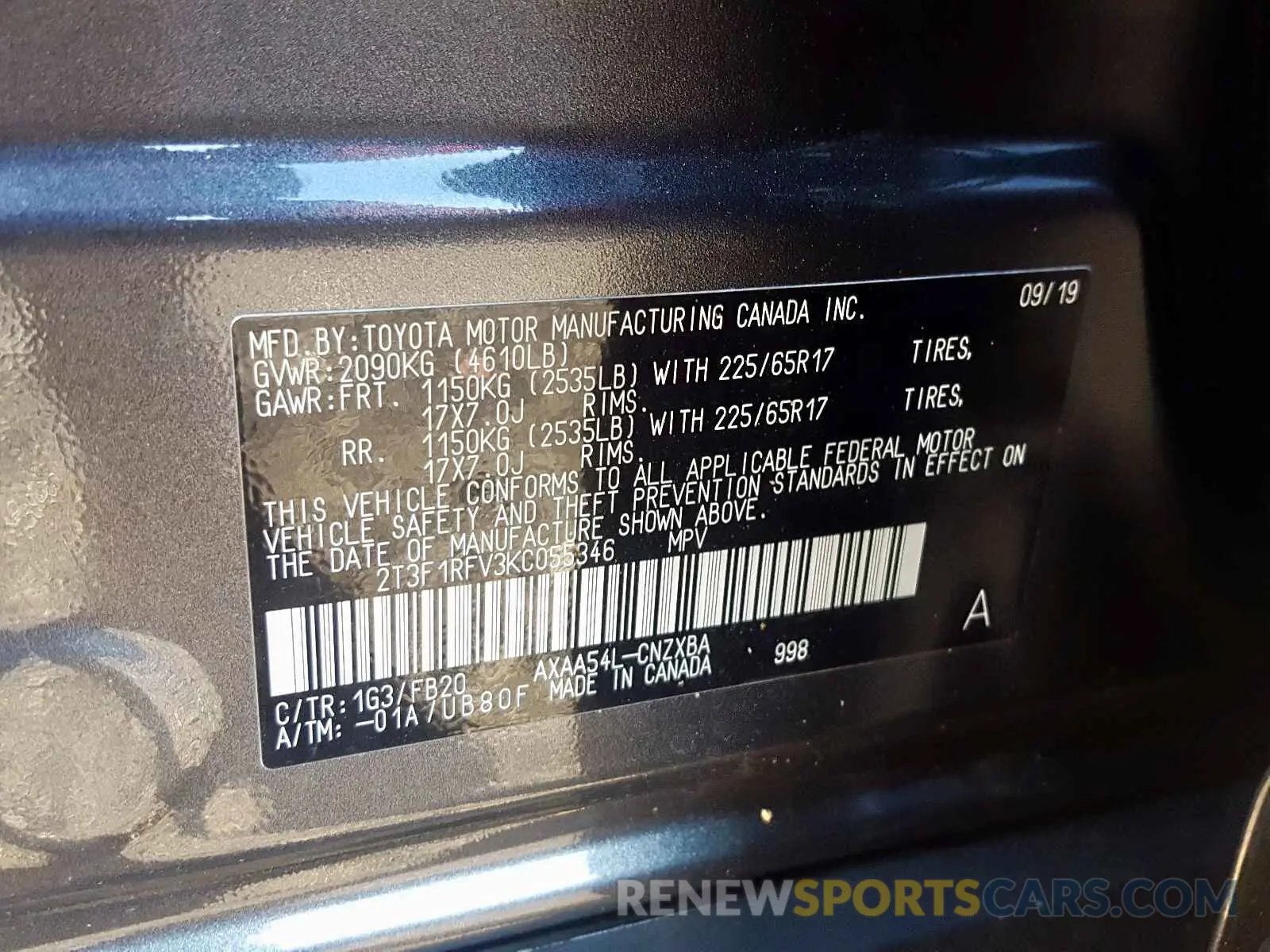 10 fotografías del automóvil dañado 2T3F1RFV3KC055346 TOYOTA RAV4 LE 2019