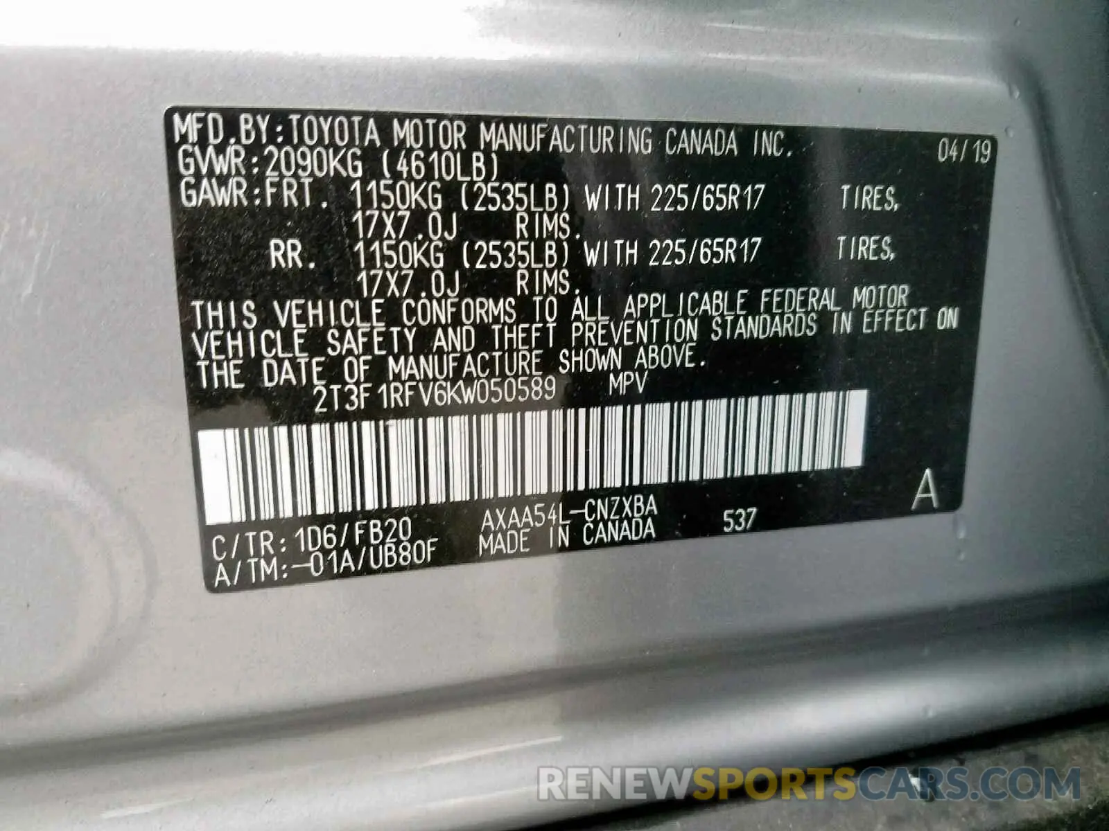 10 fotografías del automóvil dañado 2T3F1RFV6KW050589 TOYOTA RAV4 LE 2019