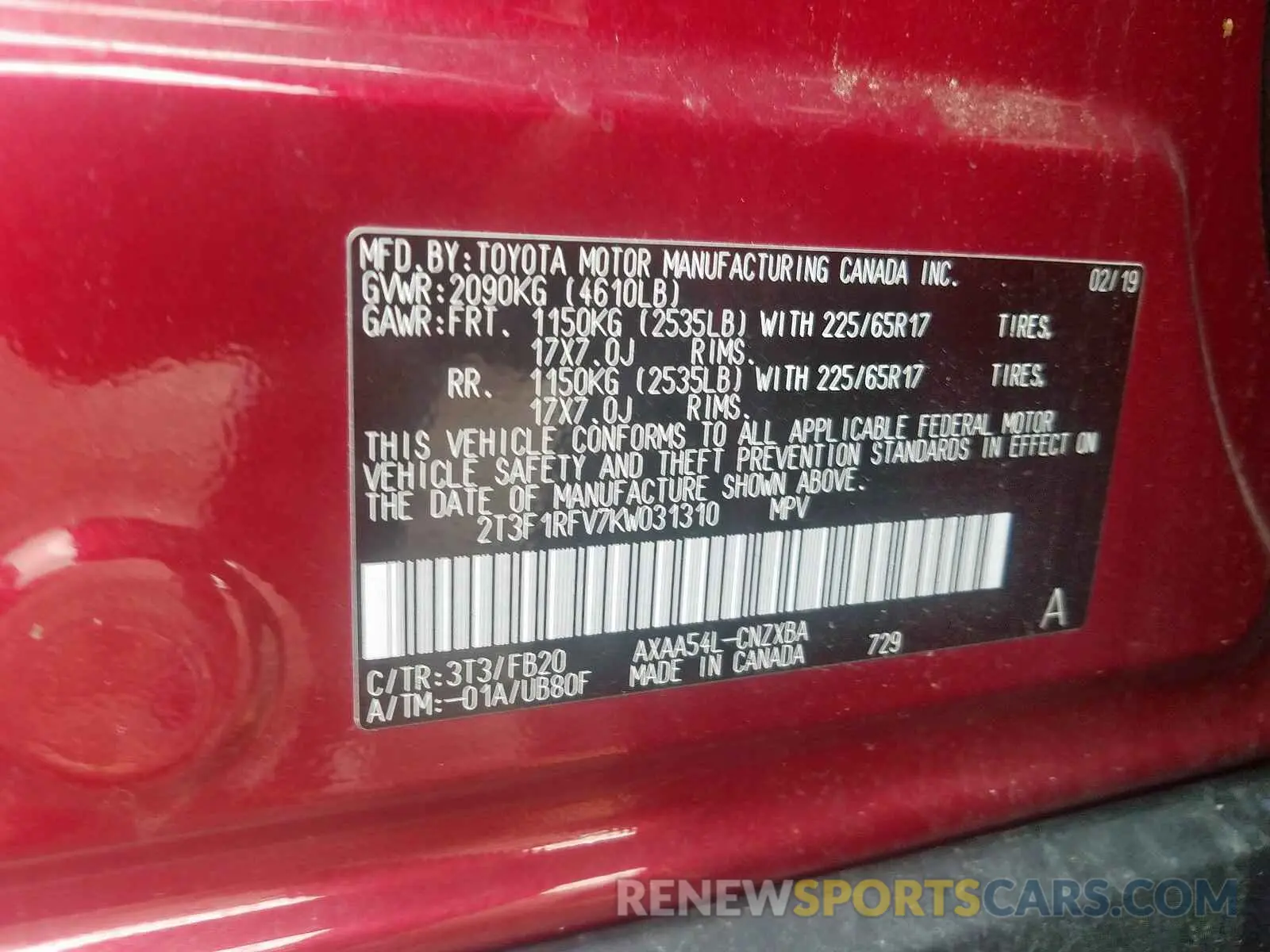 10 fotografías del automóvil dañado 2T3F1RFV7KW031310 TOYOTA RAV4 LE 2019