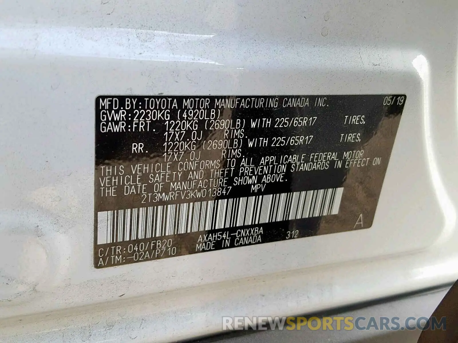 10 fotografías del automóvil dañado 2T3MWRFV3KW013847 TOYOTA RAV4 LE 2019