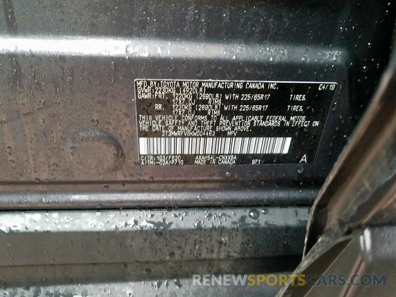 10 fotografías del automóvil dañado 2T3MWRFV6KW004463 TOYOTA RAV4 LE 2019