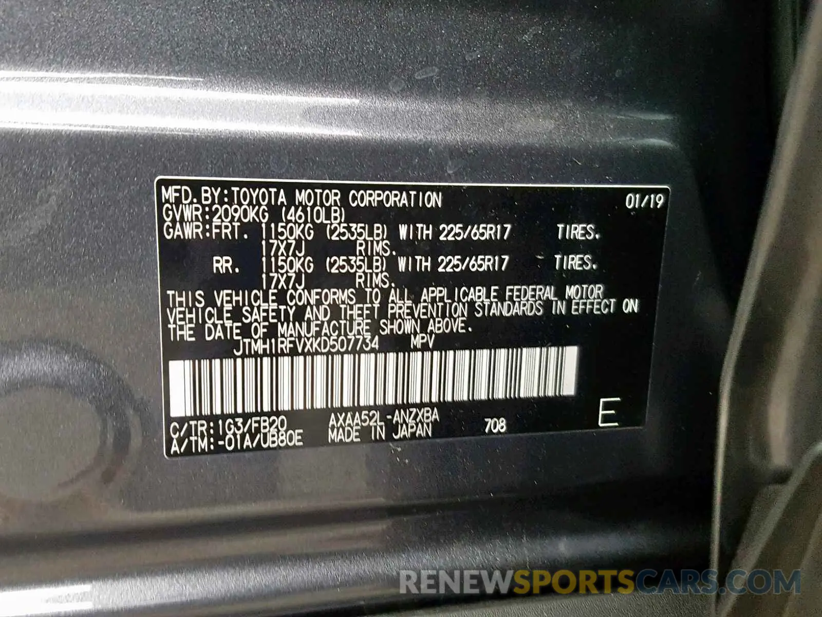 10 fotografías del automóvil dañado JTMH1RFVXKD507734 TOYOTA RAV4 LE 2019