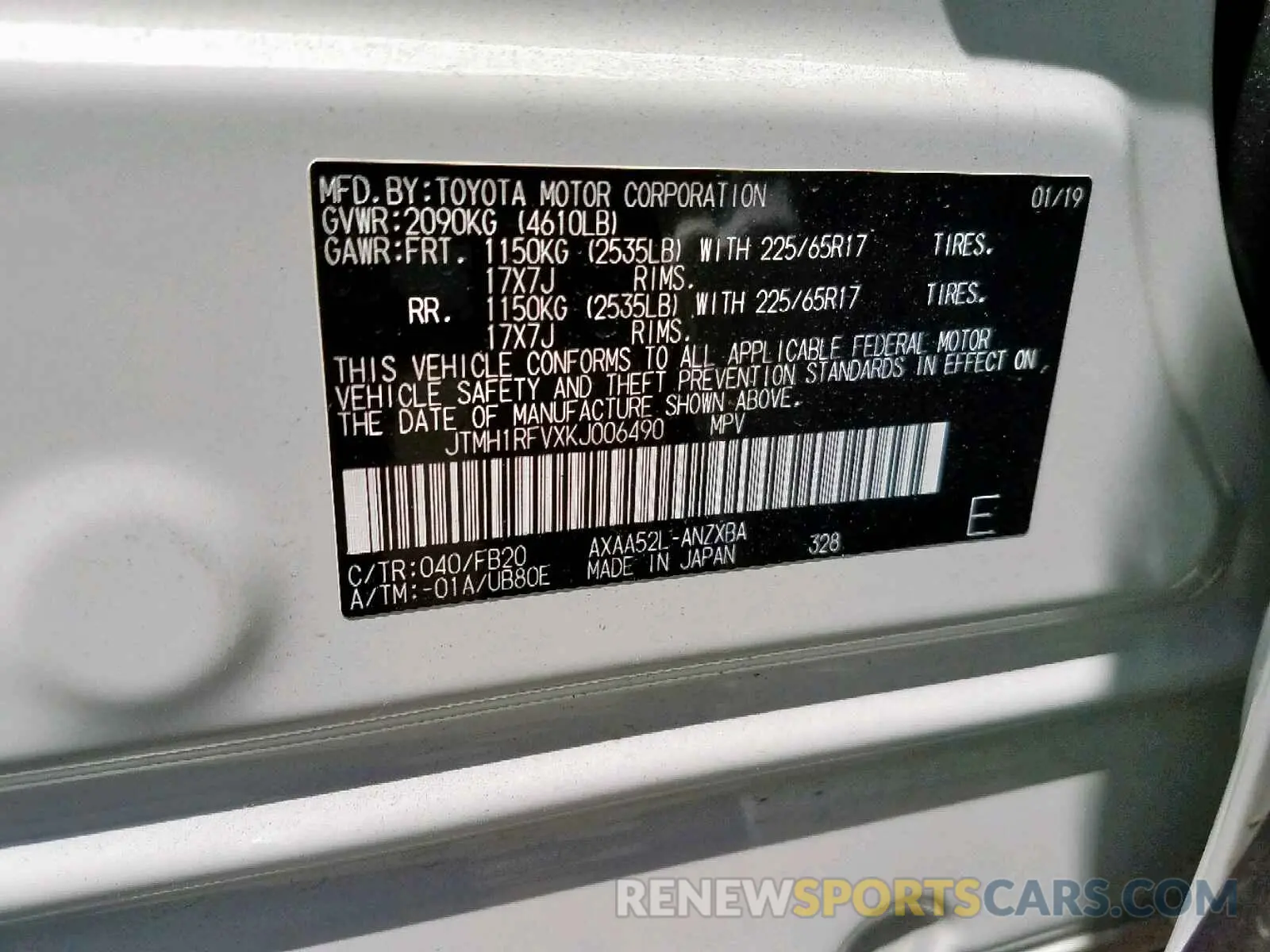 10 fotografías del automóvil dañado JTMH1RFVXKJ006490 TOYOTA RAV4 LE 2019