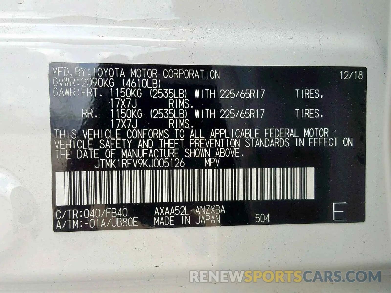 10 fotografías del automóvil dañado JTMK1RFV9KJ005126 TOYOTA RAV4 LE 2019