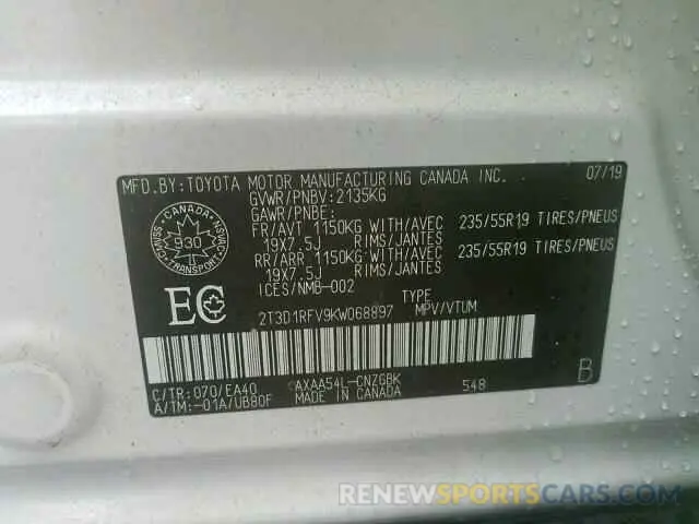 10 fotografías del automóvil dañado 2T3D1RFV9KW068897 TOYOTA RAV4 LIMIT 2019