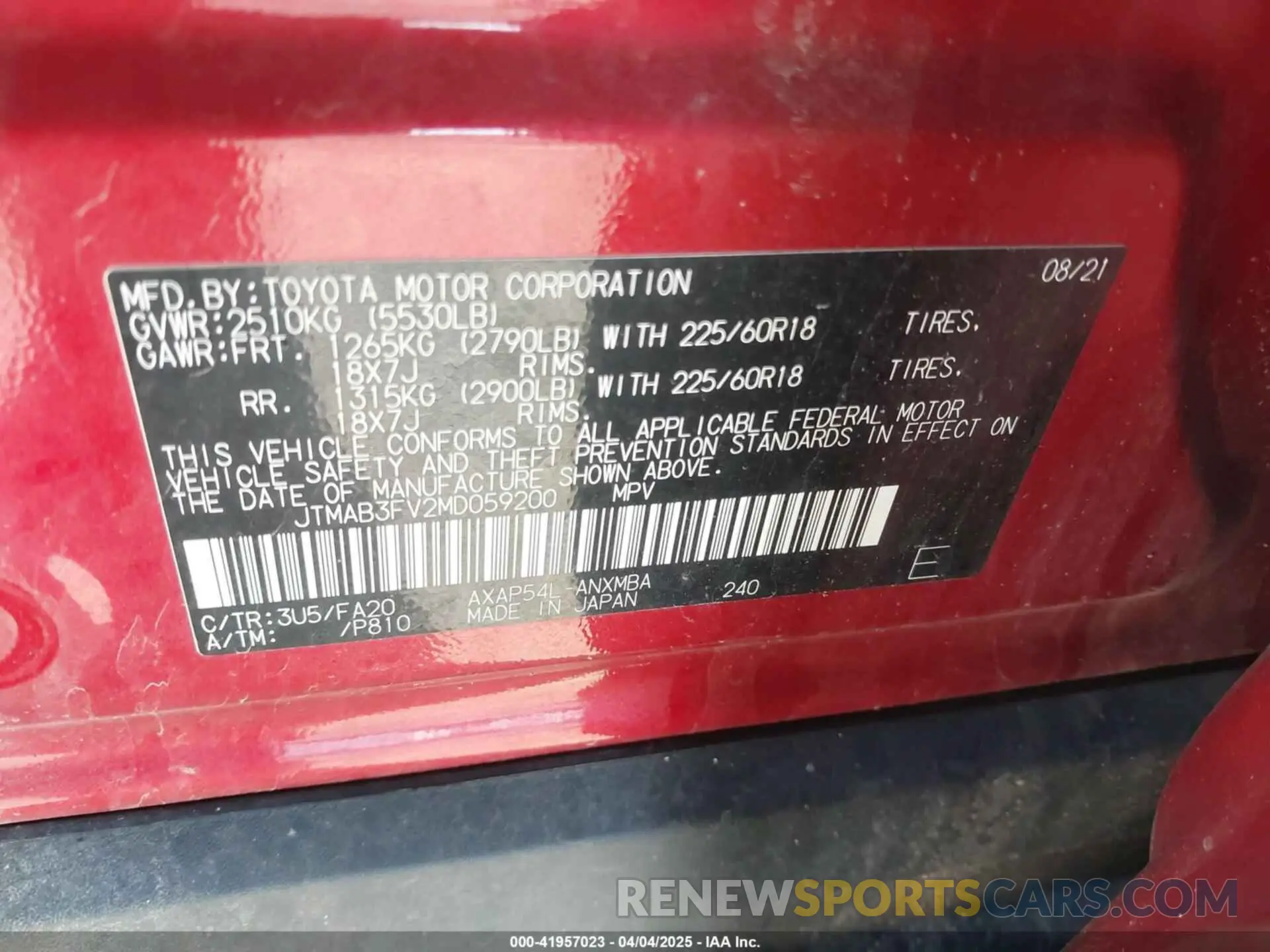 9 fotografías del automóvil dañado JTMAB3FV2MD059200 TOYOTA RAV4 PRIME 2021