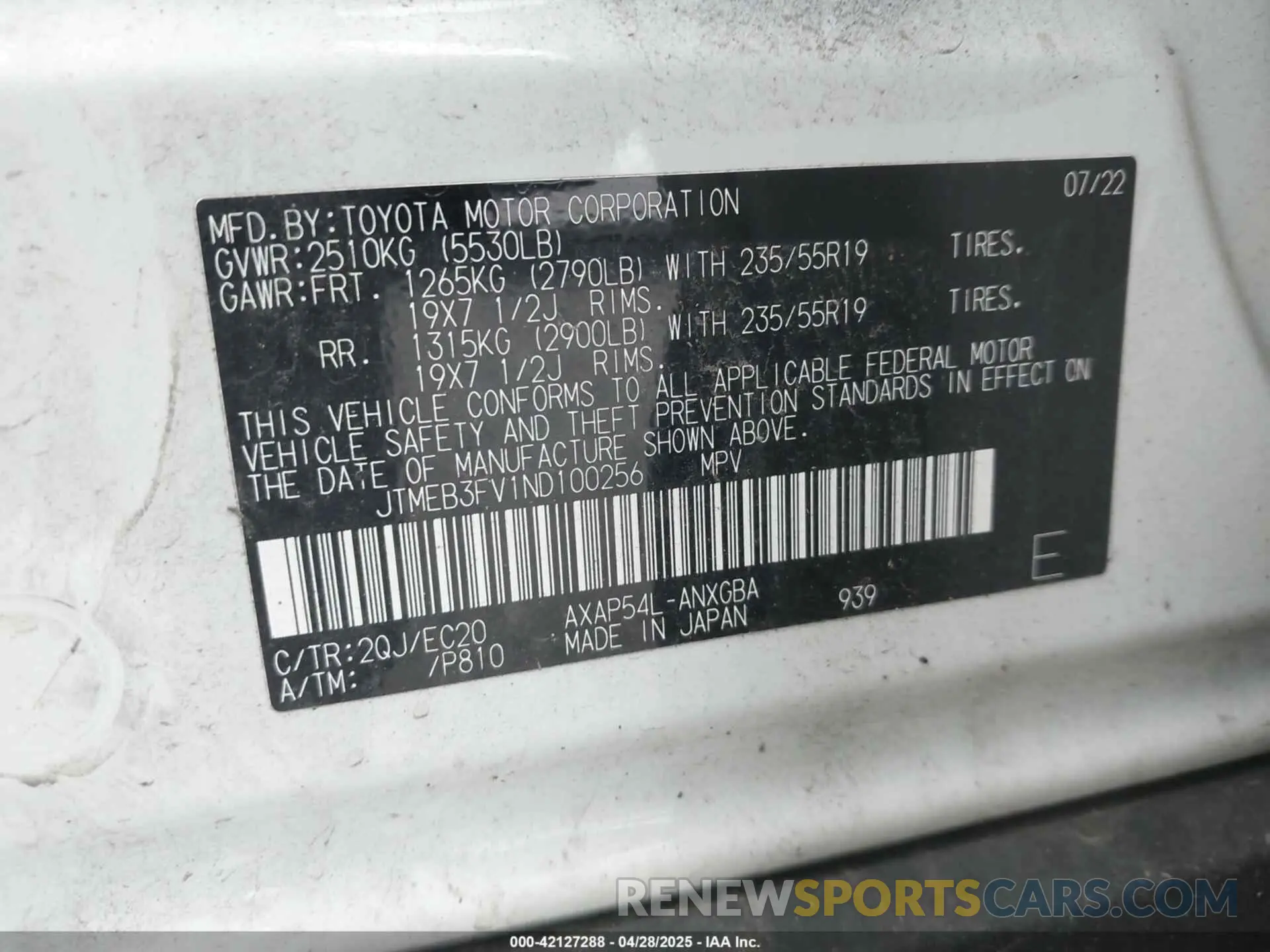 9 fotografías del automóvil dañado JTMEB3FV1ND100256 TOYOTA RAV4 PRIME 2022