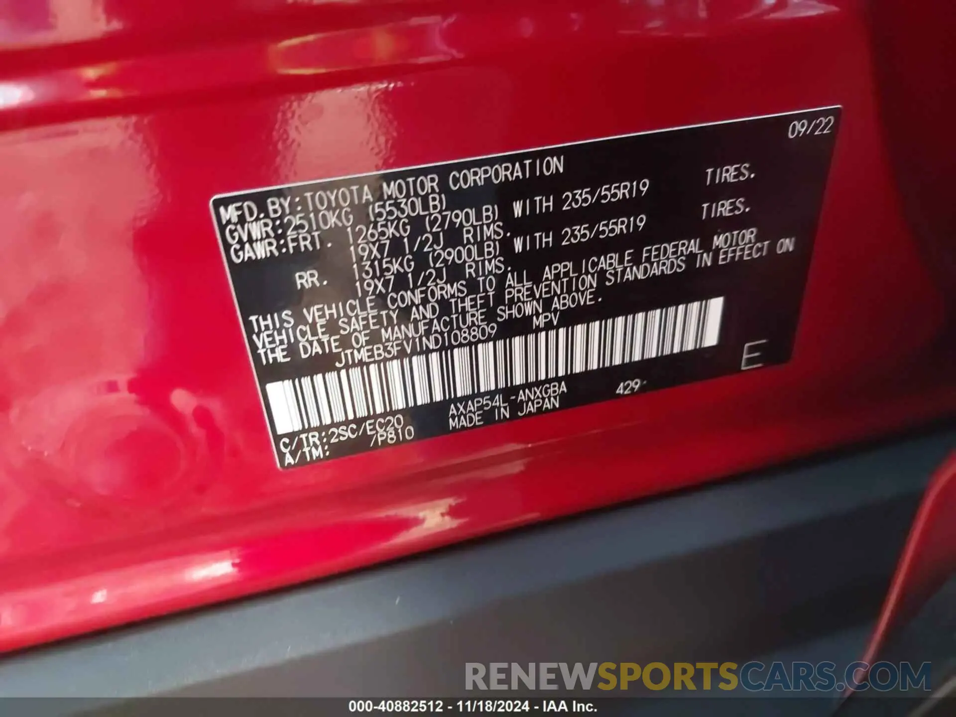 9 fotografías del automóvil dañado JTMEB3FV1ND108809 TOYOTA RAV4 PRIME 2022