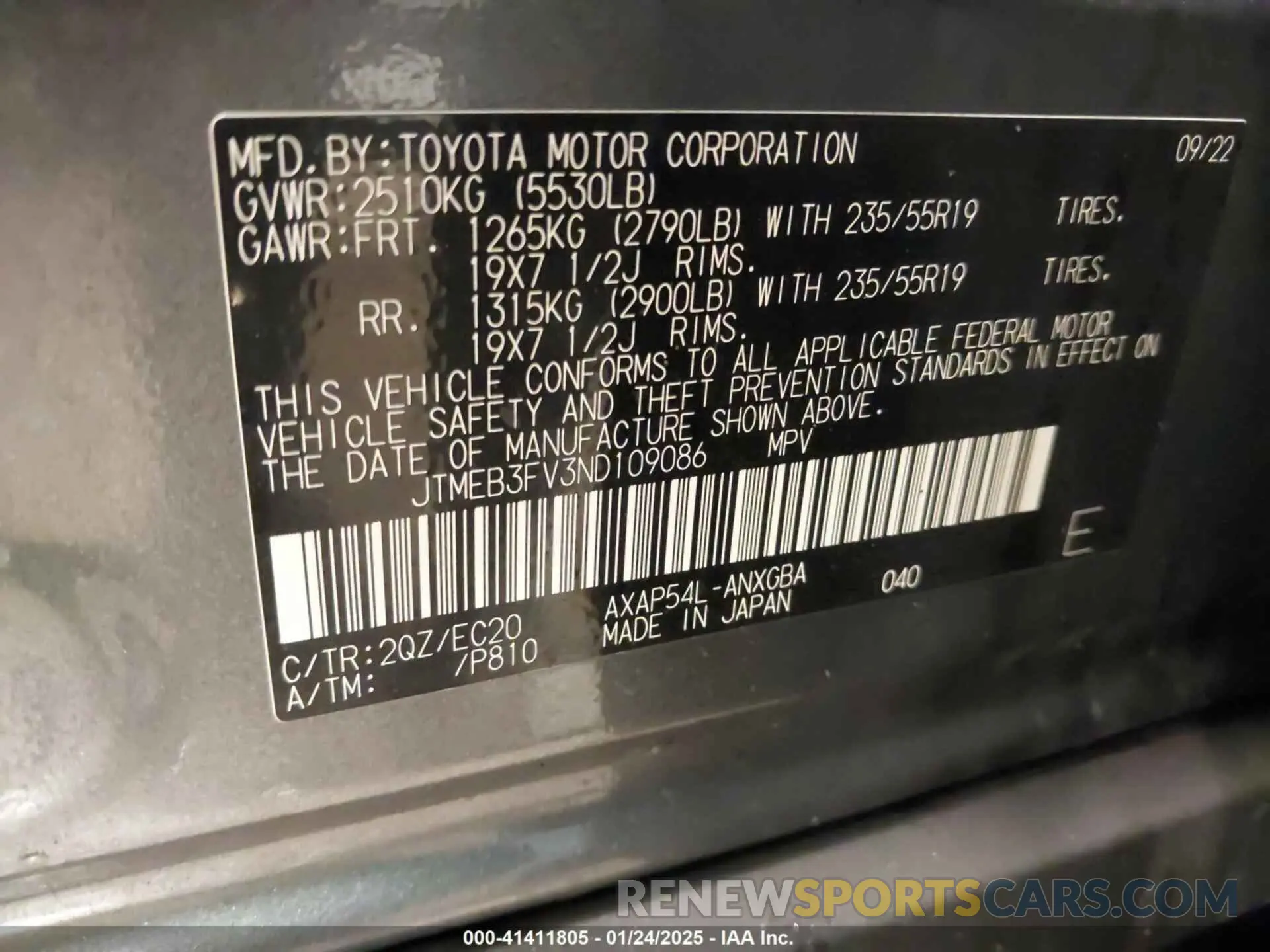9 fotografías del automóvil dañado JTMEB3FV3ND109086 TOYOTA RAV4 PRIME 2022