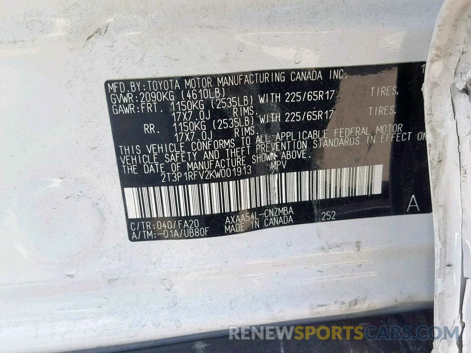 10 fotografías del automóvil dañado 2T3P1RFV2KW001913 TOYOTA RAV4 XLE 2019