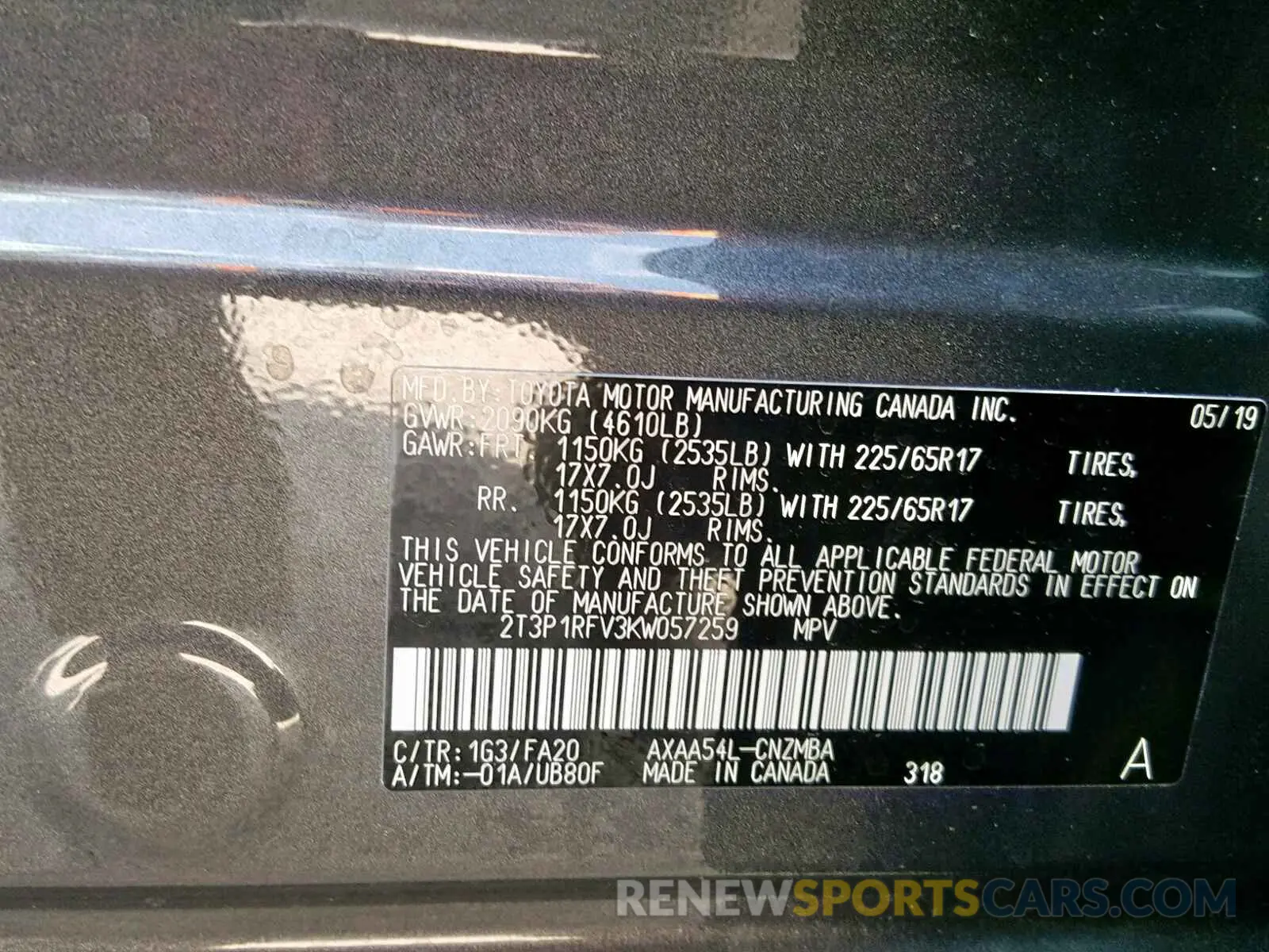 10 fotografías del automóvil dañado 2T3P1RFV3KW057259 TOYOTA RAV4 XLE 2019