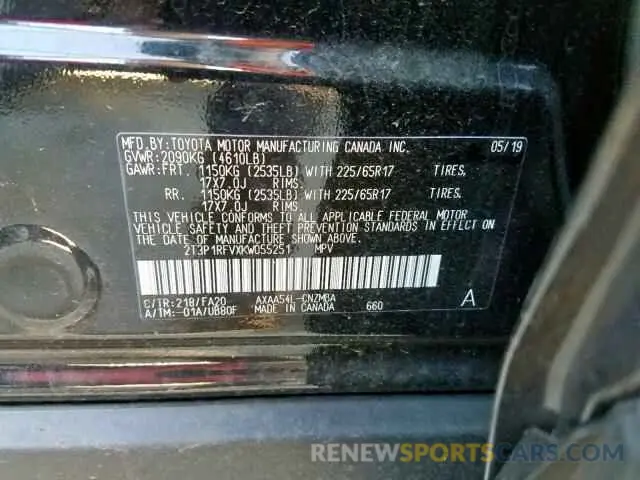 10 fotografías del automóvil dañado 2T3P1RFVXKW055251 TOYOTA RAV4 XLE 2019