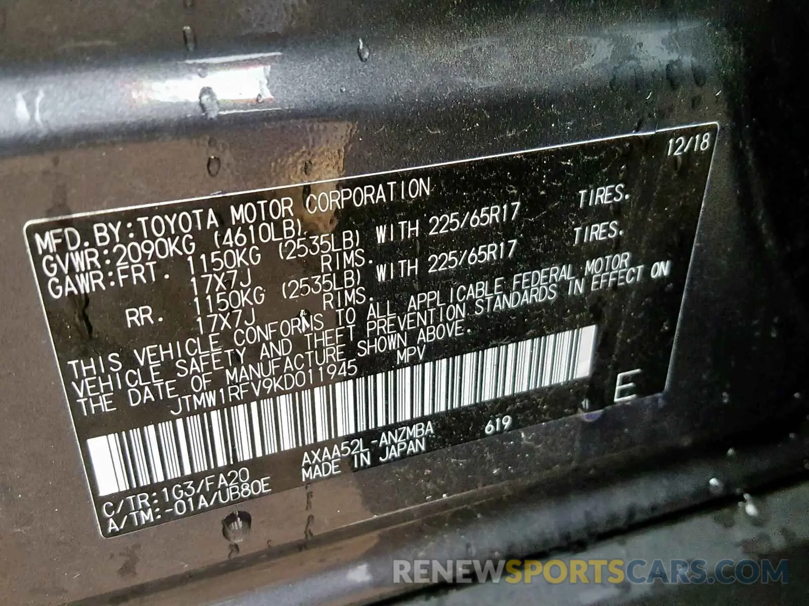 10 fotografías del automóvil dañado JTMW1RFV9KD011945 TOYOTA RAV4 XLE 2019