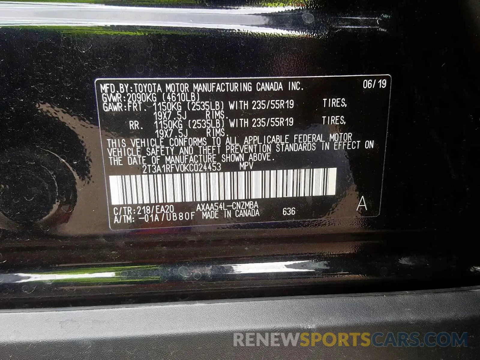 10 fotografías del automóvil dañado 2T3A1RFV0KC024453 TOYOTA RAV4 XLE P 2019