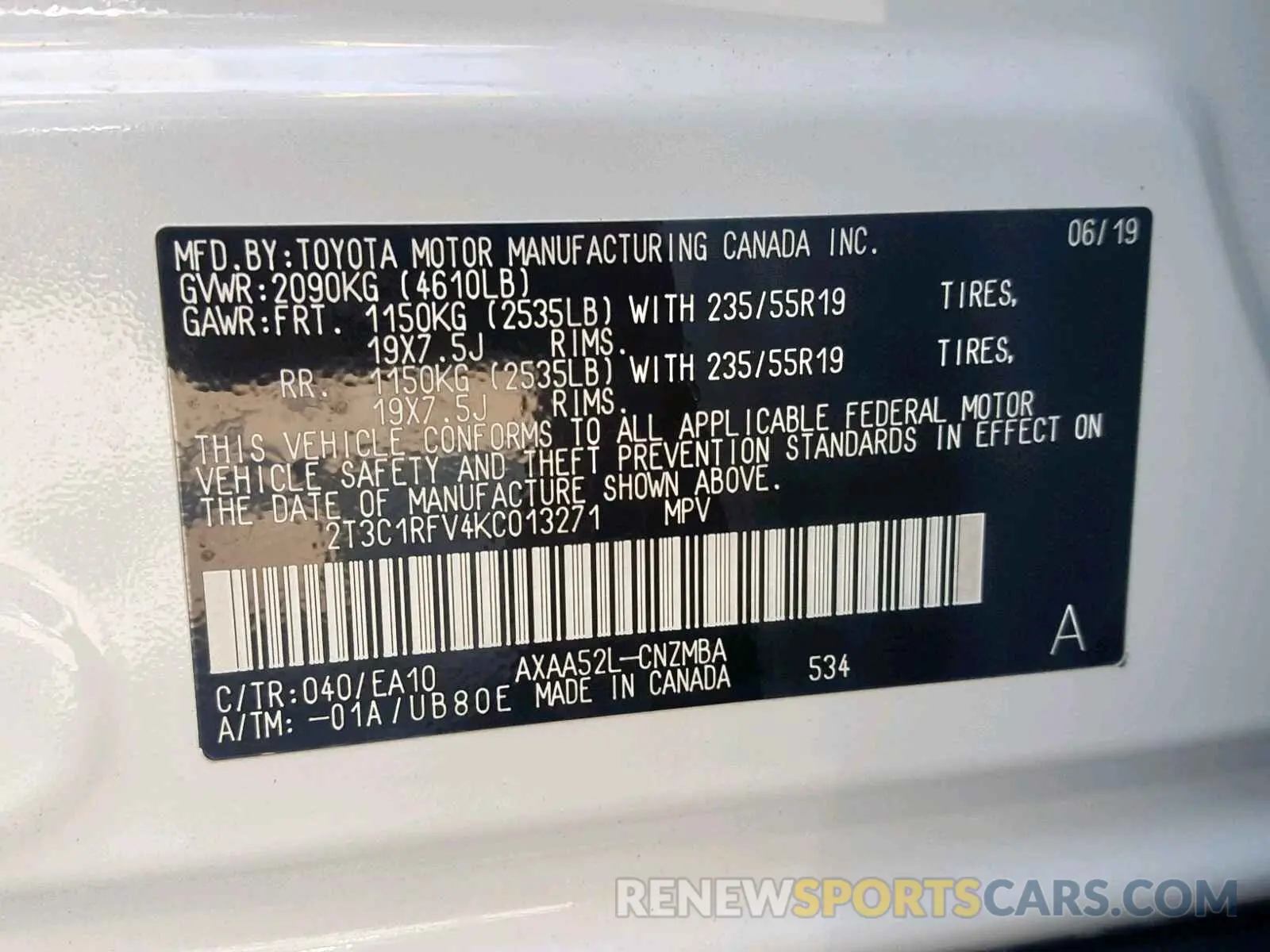 10 fotografías del automóvil dañado 2T3C1RFV4KC013271 TOYOTA RAV4 XLE P 2019