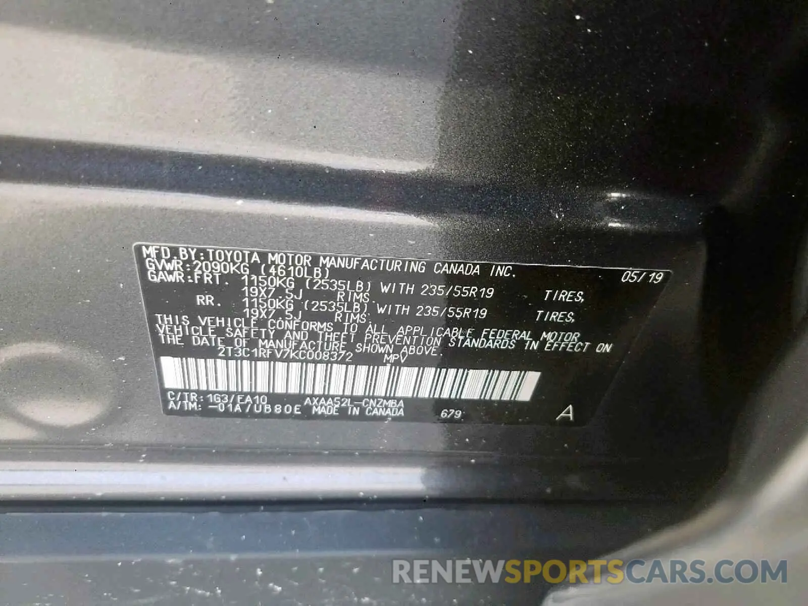 10 fotografías del automóvil dañado 2T3C1RFV7KC008372 TOYOTA RAV4 XLE P 2019