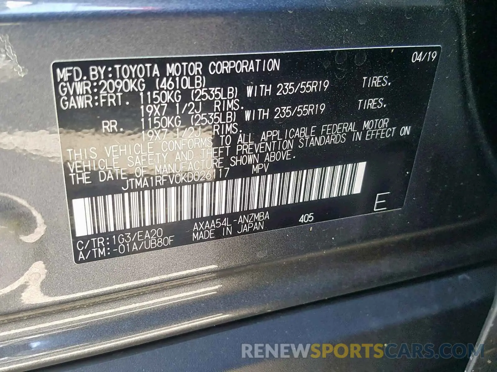 10 fotografías del automóvil dañado JTMA1RFV0KD026117 TOYOTA RAV4 XLE P 2019