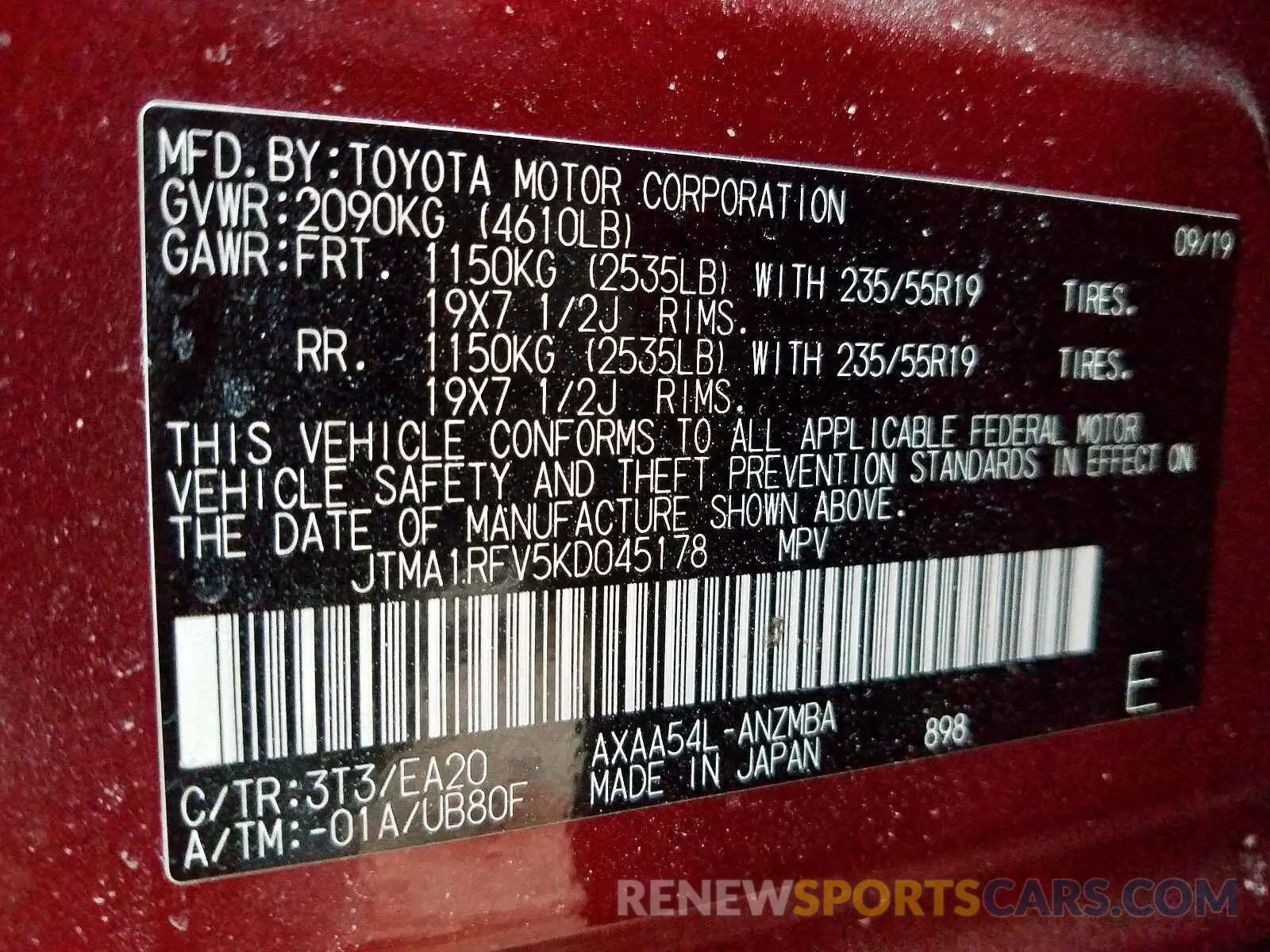 10 fotografías del automóvil dañado JTMA1RFV5KD045178 TOYOTA RAV4 XLE P 2019