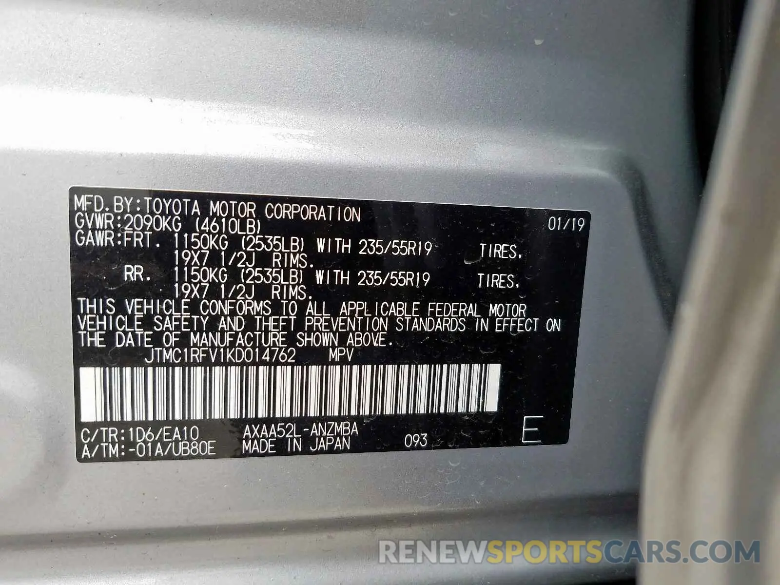 10 fotografías del automóvil dañado JTMC1RFV1KD014762 TOYOTA RAV4 XLE P 2019