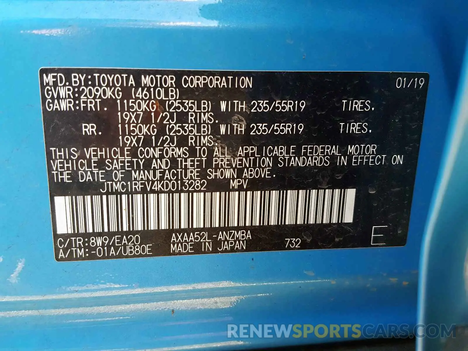10 fotografías del automóvil dañado JTMC1RFV4KD013282 TOYOTA RAV4 XLE P 2019
