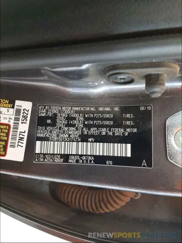 10 fotografías del automóvil dañado 5TDBY5G12KS174214 TOYOTA SEQUOIA 2019