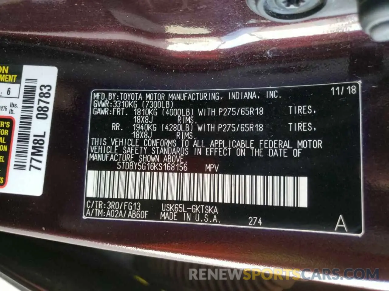 10 fotografías del automóvil dañado 5TDBY5G16KS168156 TOYOTA SEQUOIA 2019