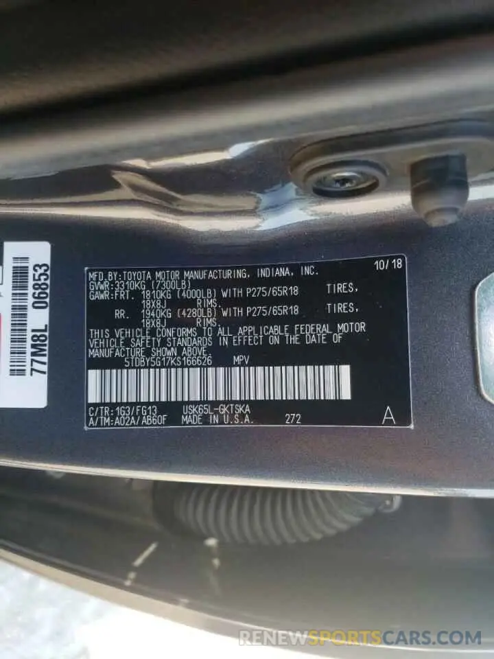 10 fotografías del automóvil dañado 5TDBY5G17KS166626 TOYOTA SEQUOIA 2019