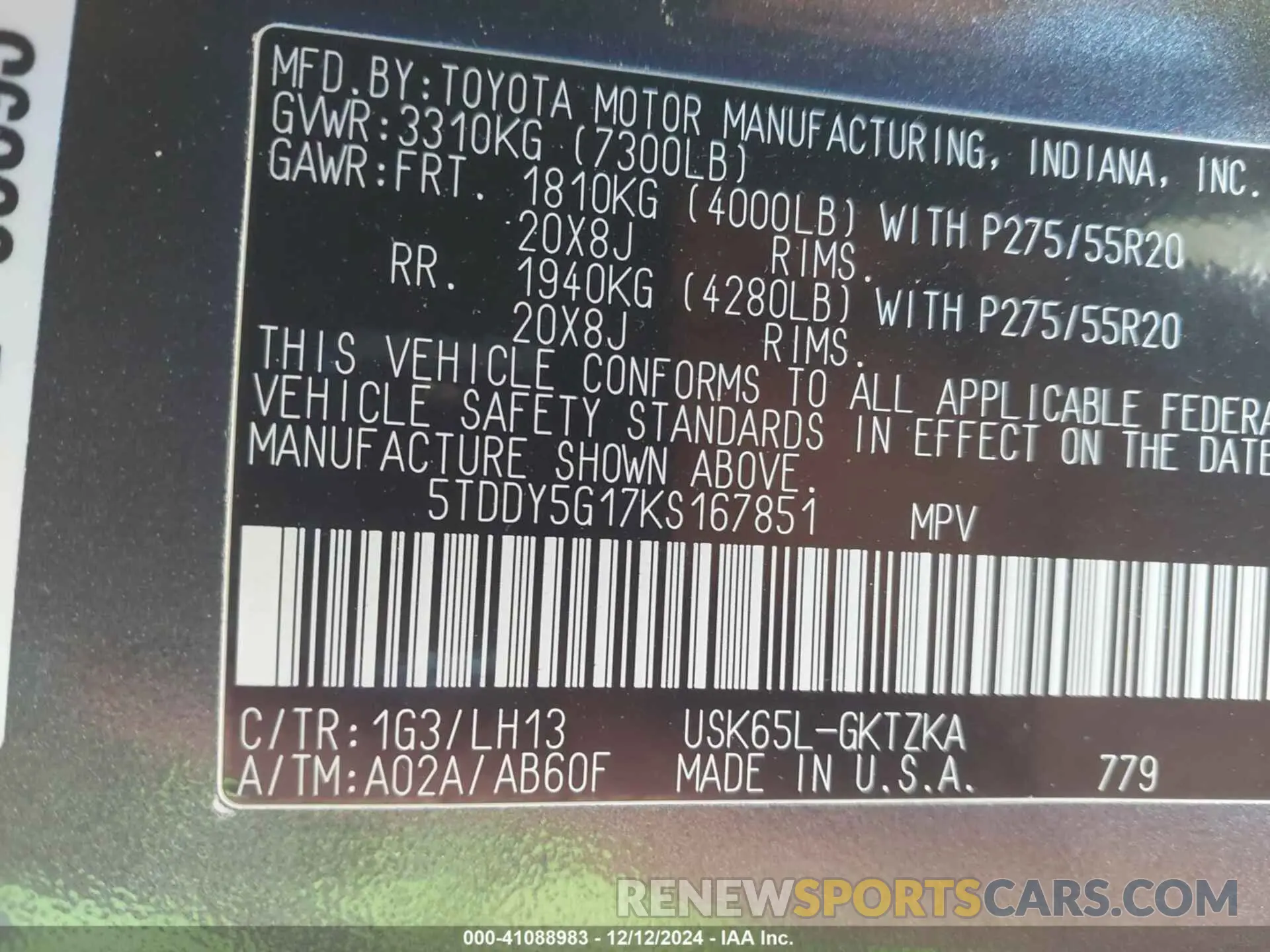 9 fotografías del automóvil dañado 5TDDY5G17KS167851 TOYOTA SEQUOIA 2019