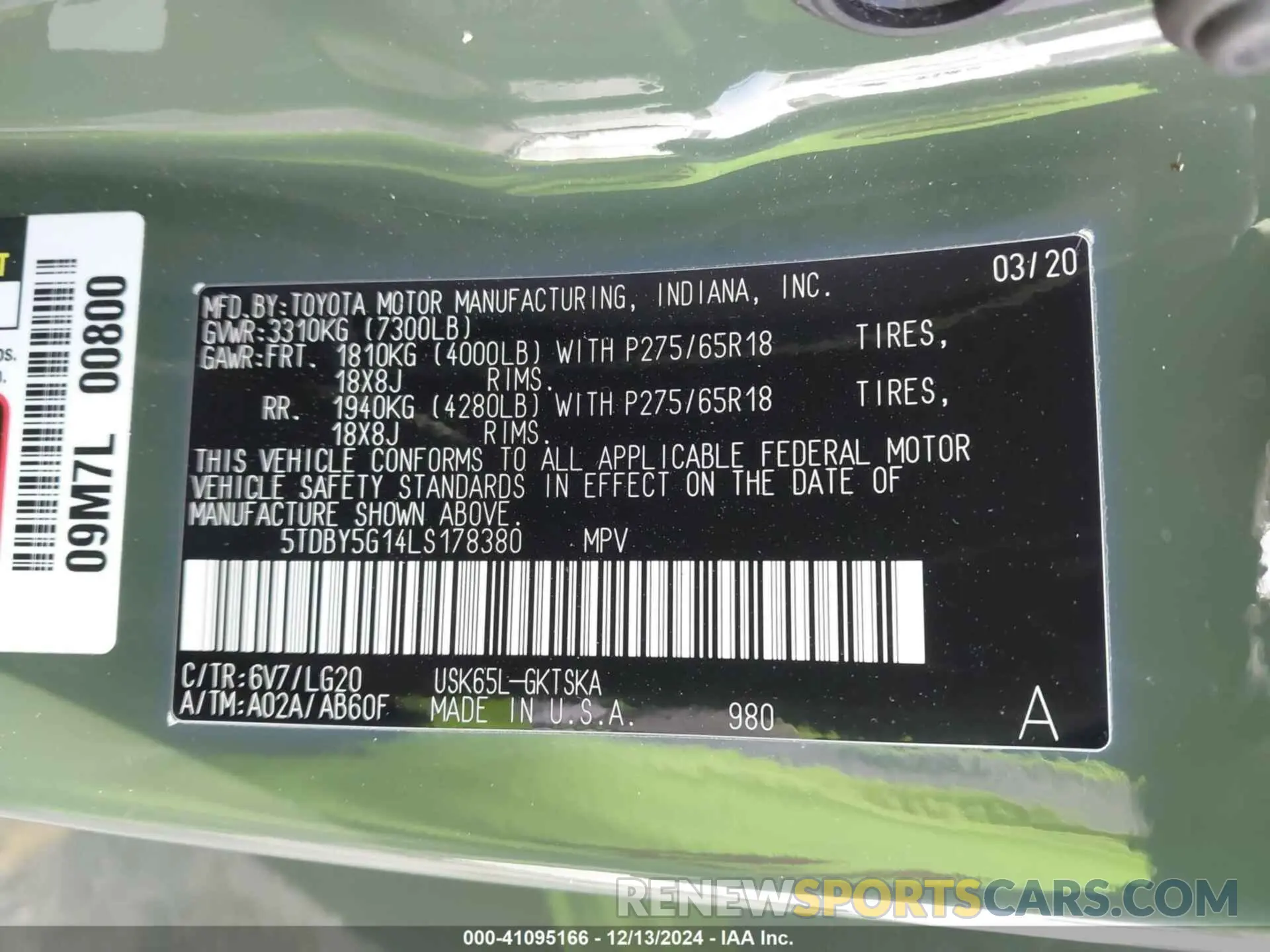 9 fotografías del automóvil dañado 5TDBY5G14LS178380 TOYOTA SEQUOIA 2020